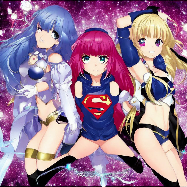 Anime-style female characters in heroic poses with Superman-themed costume on starry background