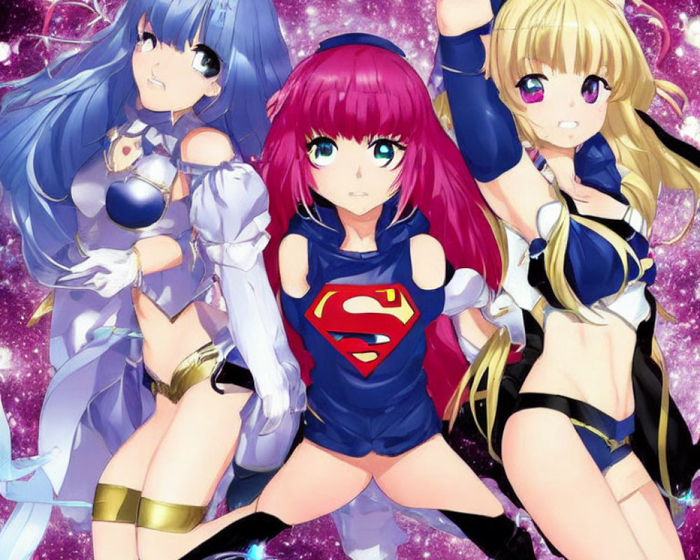 Anime-style female characters in heroic poses with Superman-themed costume on starry background