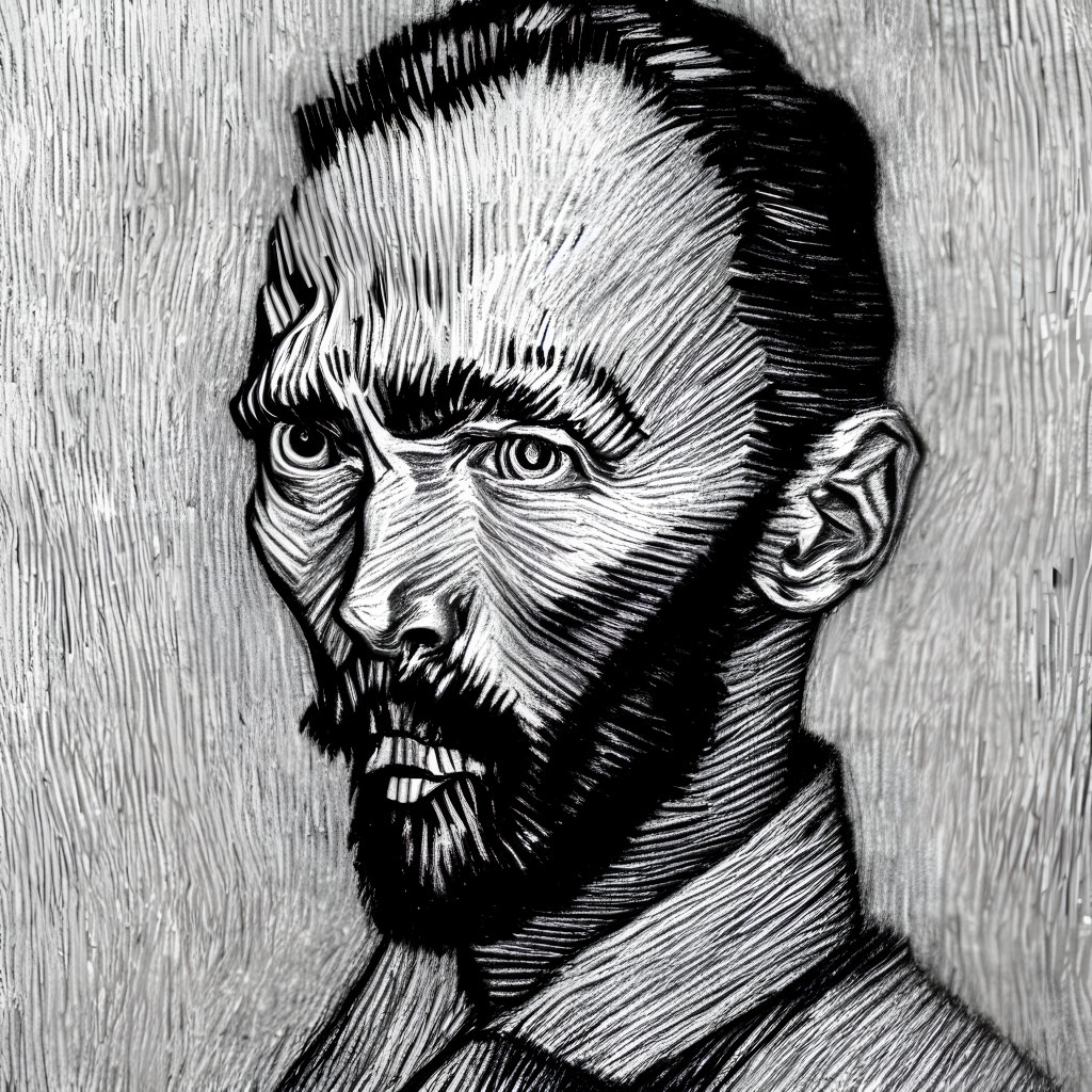 Detailed black and white engraved portrait of a bearded man with intense gaze and prominent cheekbones