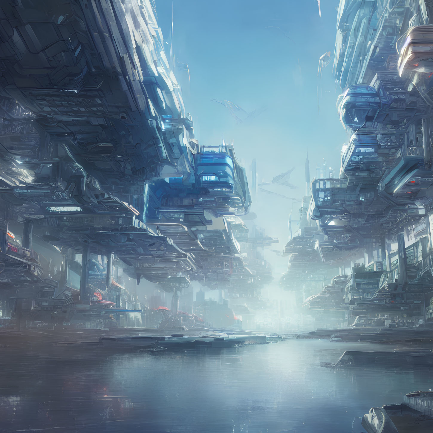 Futuristic cityscape with towering blue-lit buildings and aerial traffic reflected in calm water