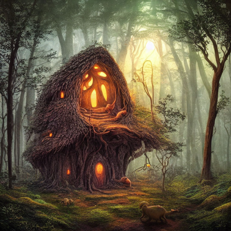 Enchanting forest scene with whimsical treehouse, glowing lanterns, and wandering creature