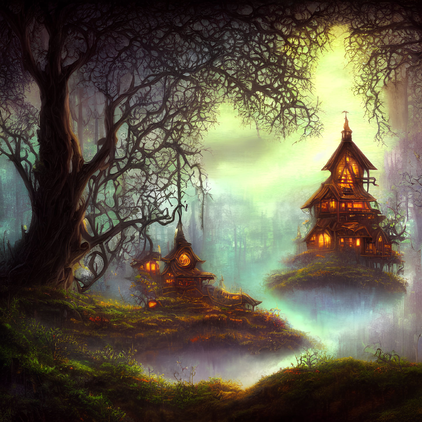 Enchanting twilight forest scene with illuminated treehouse and mystical fog