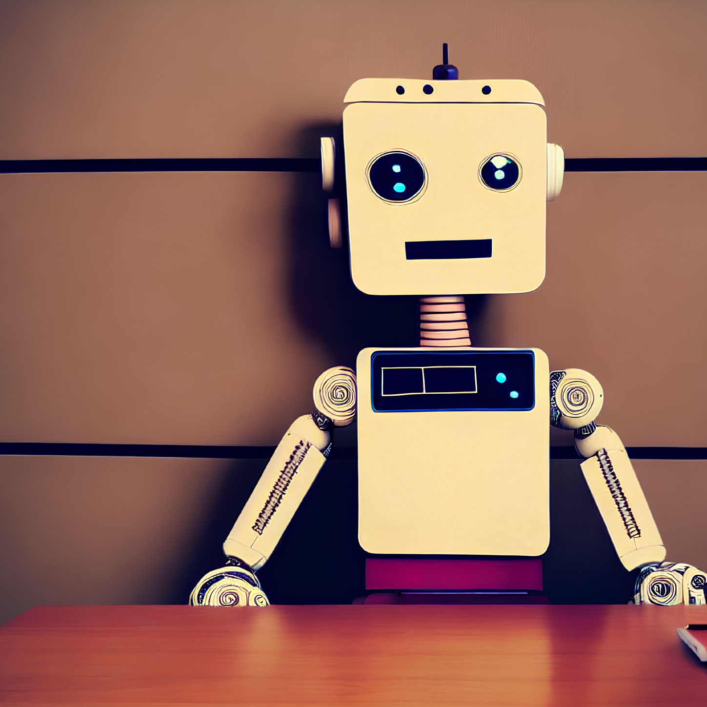 White Robot with Square Head Sitting at Wooden Desk Against Striped Wall