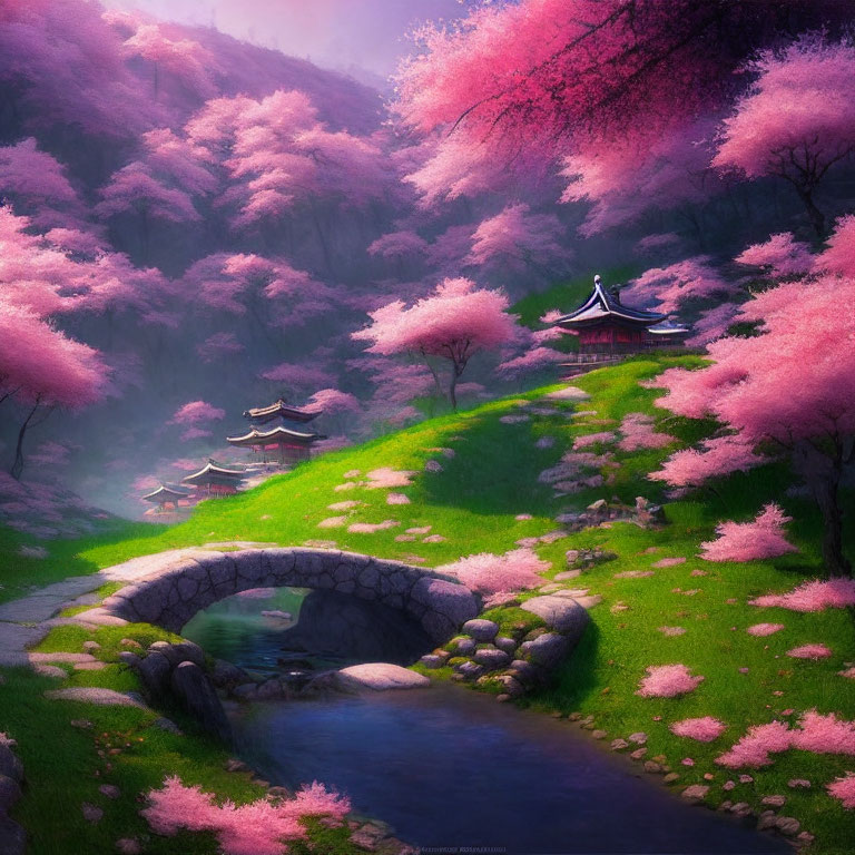 Tranquil Cherry Blossom Landscape with Pagoda and Stone Bridge