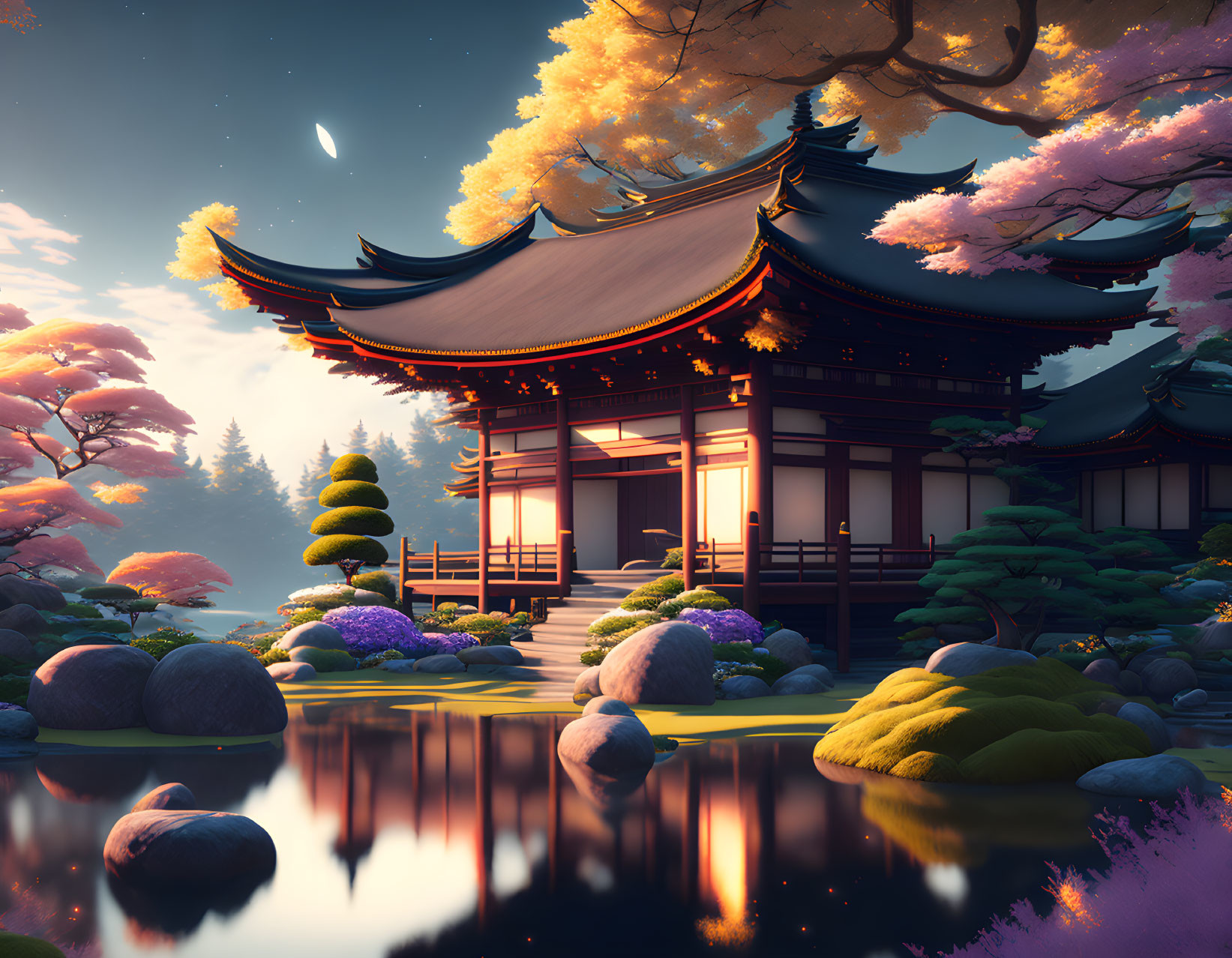 Japanese Temple in Vibrant Garden with Tranquil Pond and Crescent Moon