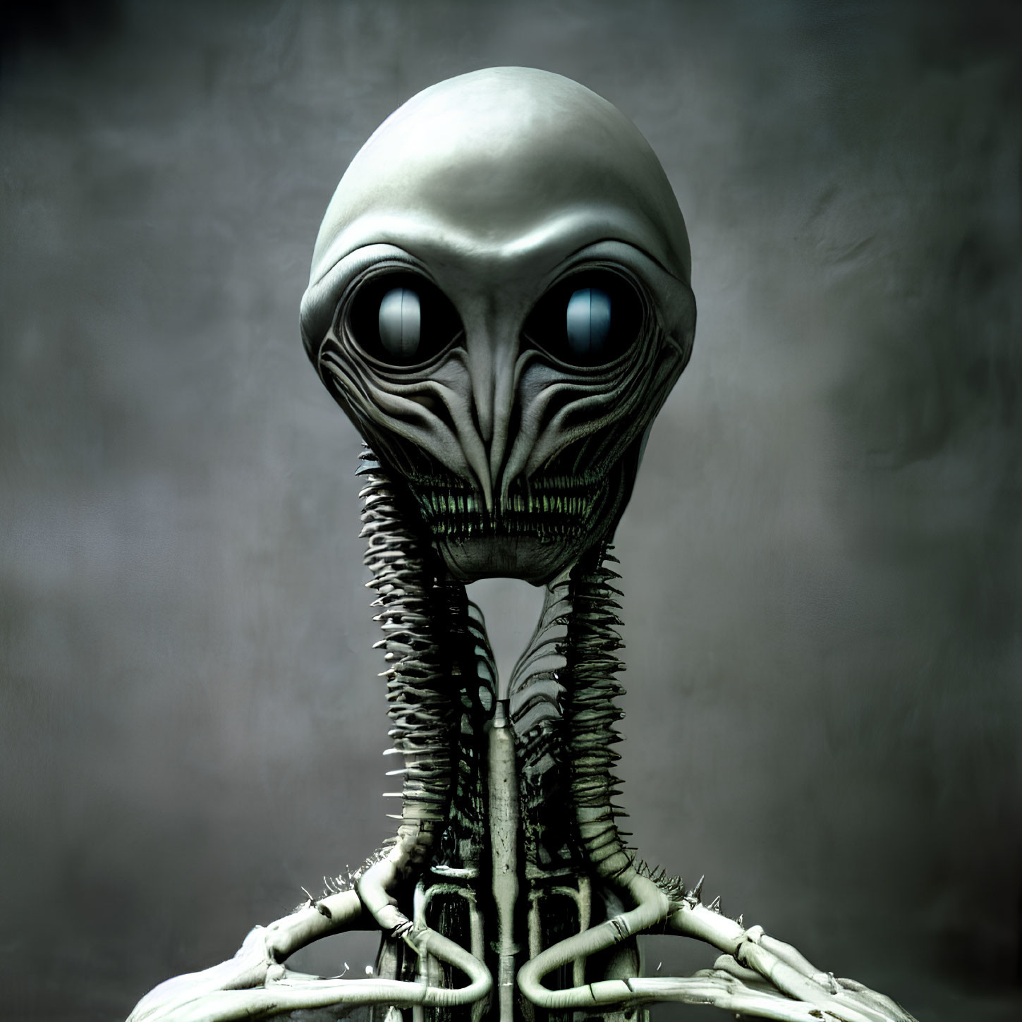 Detailed Close-Up of Alien Creature with Large Head and Black Eyes