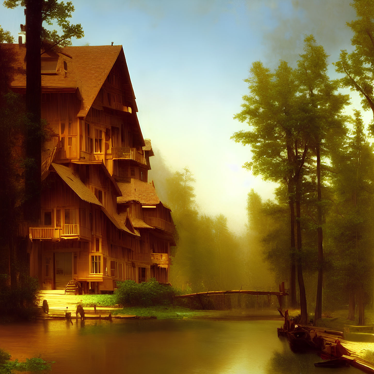 Rustic wooden building by serene lake with dock and misty golden trees