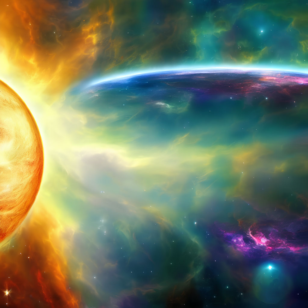 Colorful cosmic scene with planet, sun, nebulae, and stars in oranges, yellows