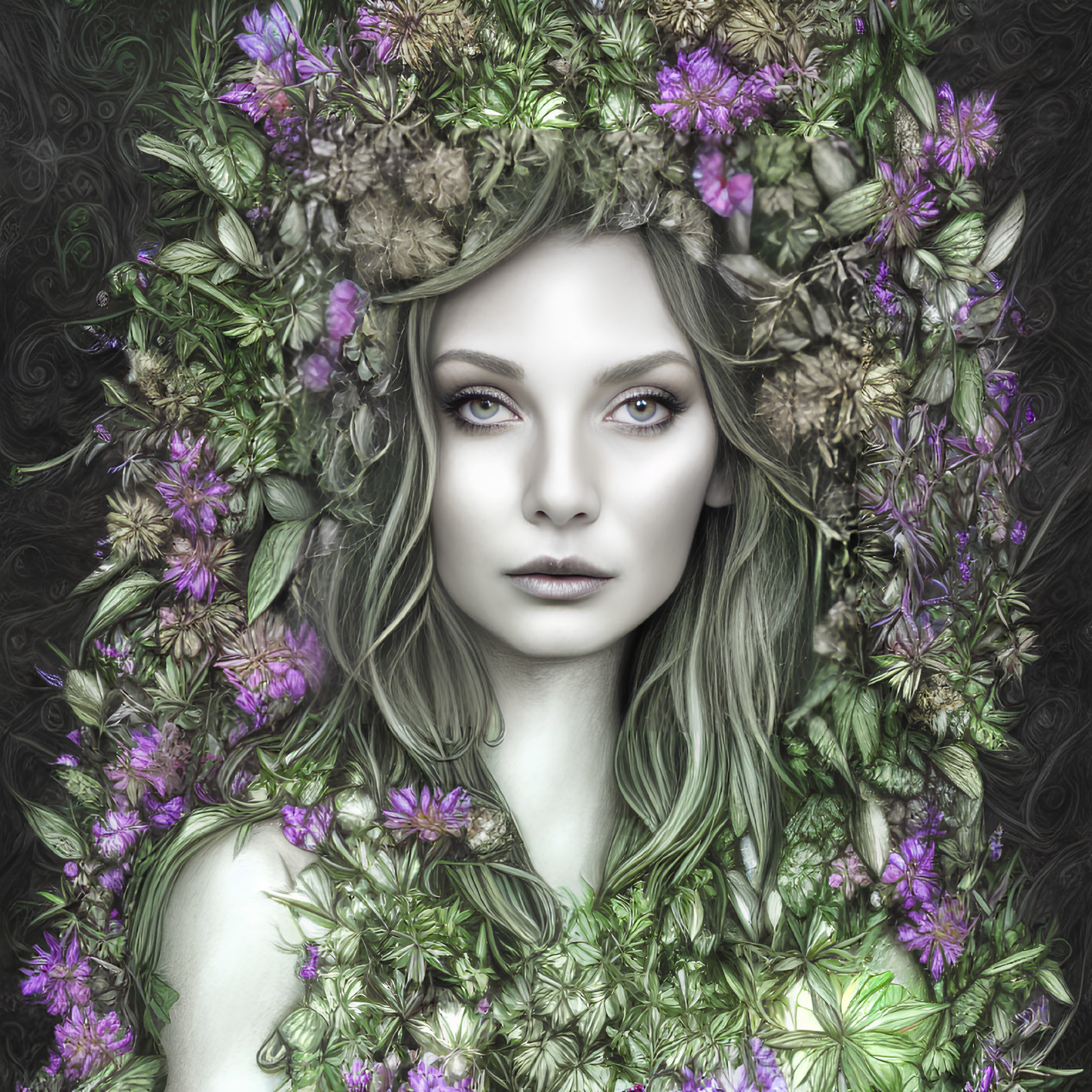 Detailed portrait of woman with purple floral wreath in blonde hair