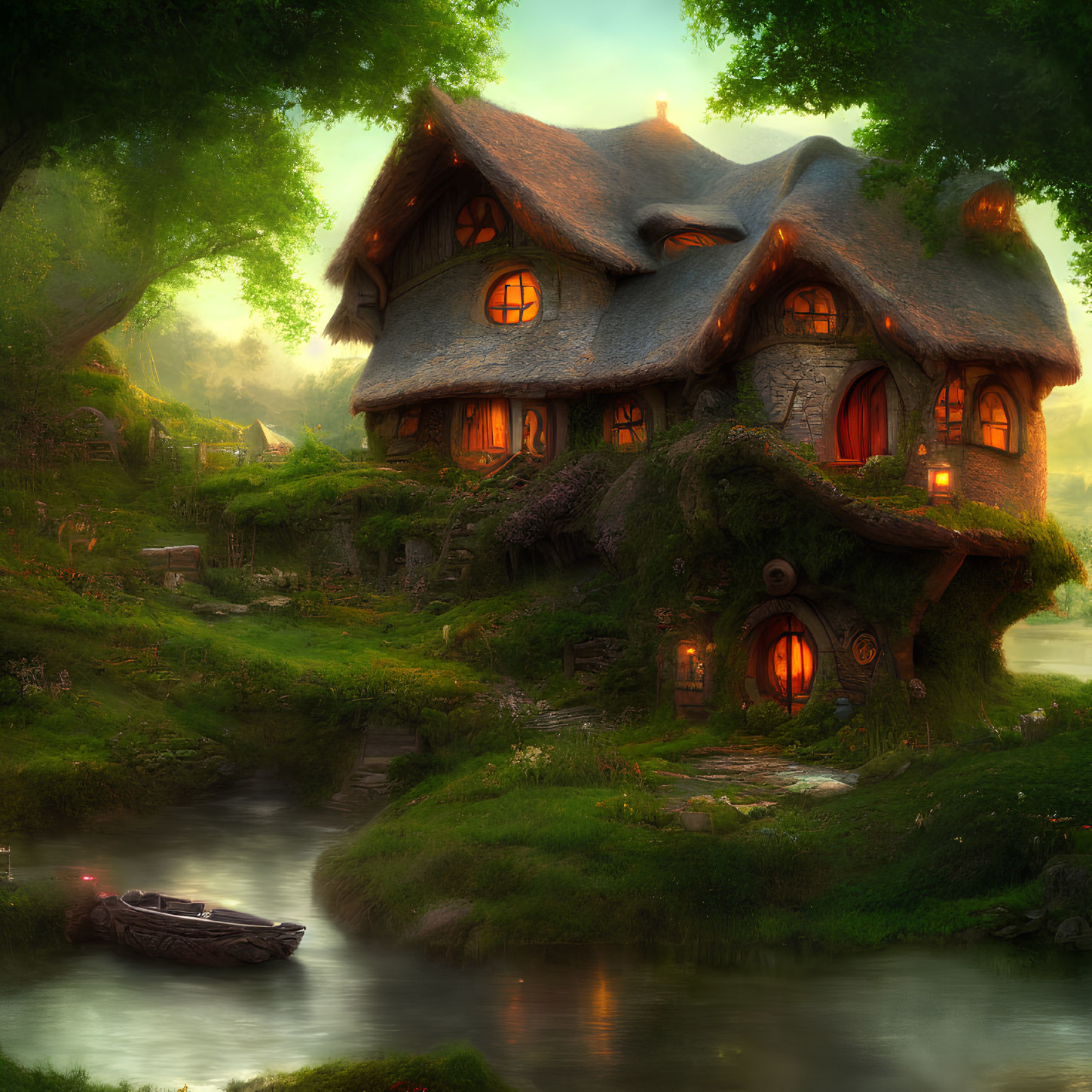 Thatched Roof Fairy-Tale Cottage in Forest by River at Sunset