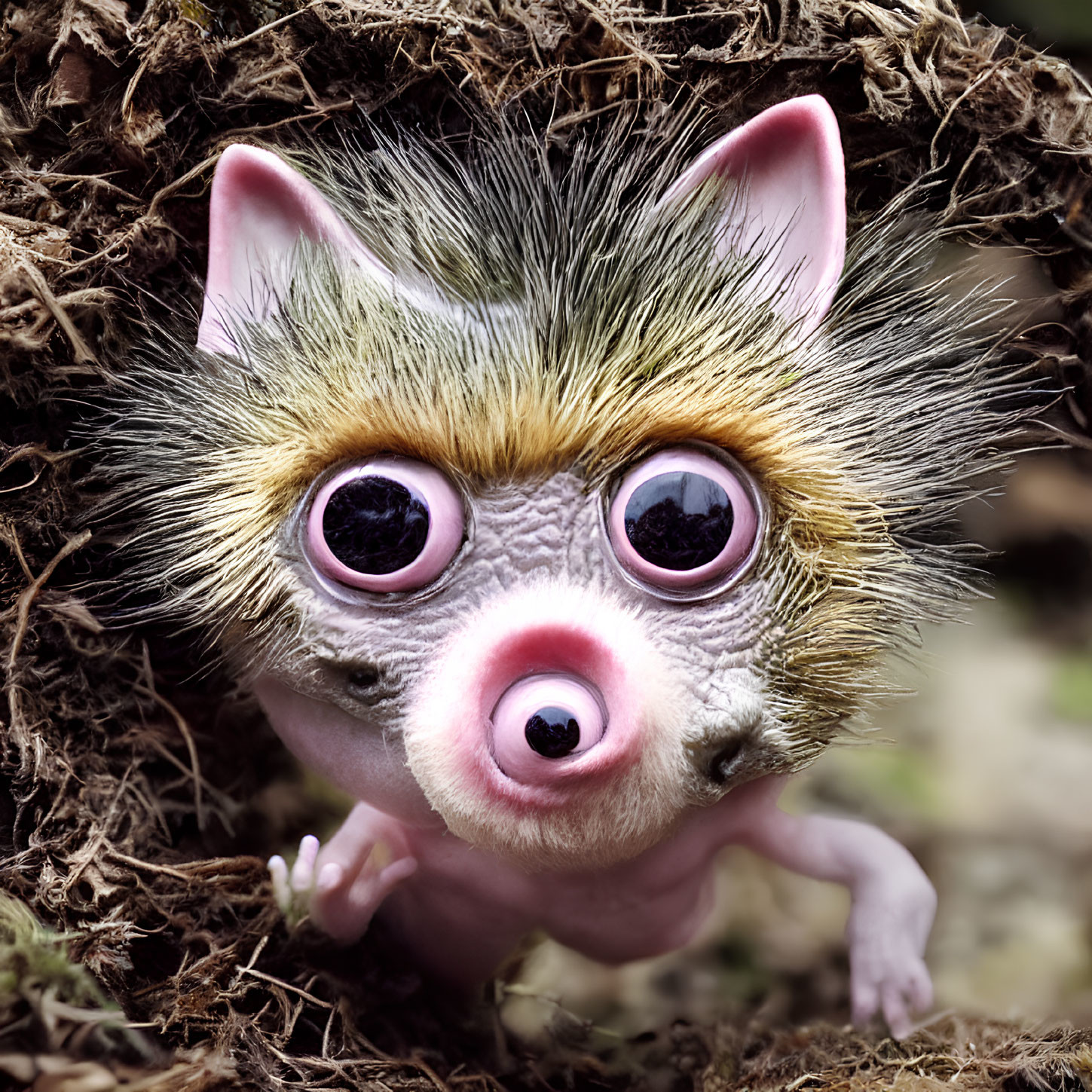 Whimsical creature with spiky back, pink eyes, and human-like hands in nest