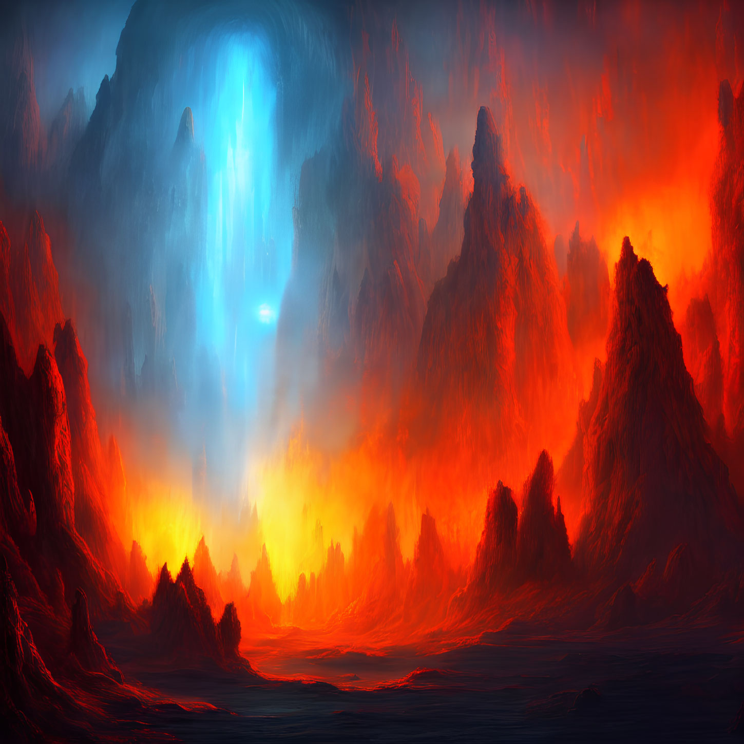 Vivid red terrain meets glowing blue portal in surreal landscape