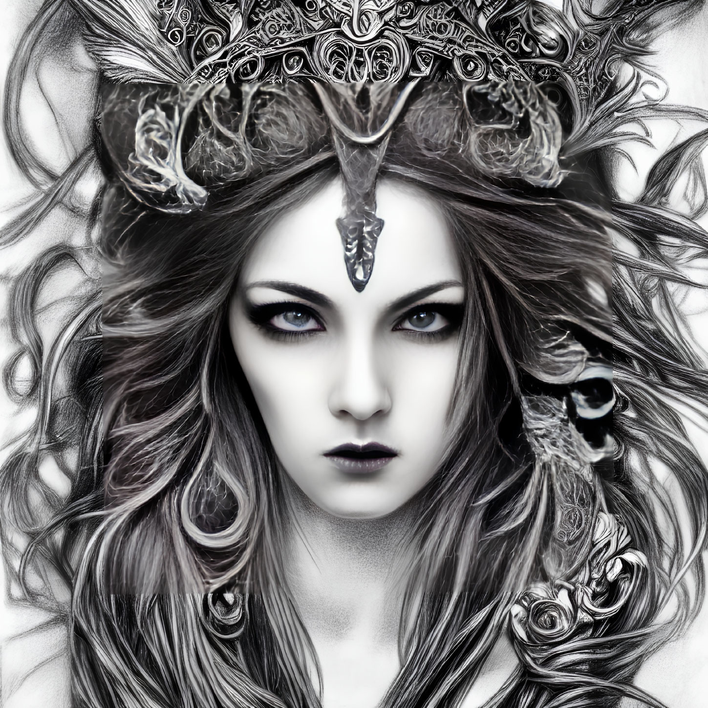 Monochrome fantasy portrait of a woman with elaborate crown and piercing gaze