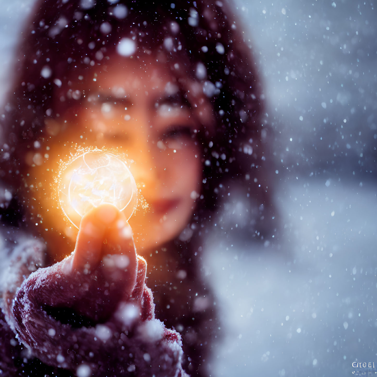 Person holding glowing orb in snowy scene with falling snowflakes