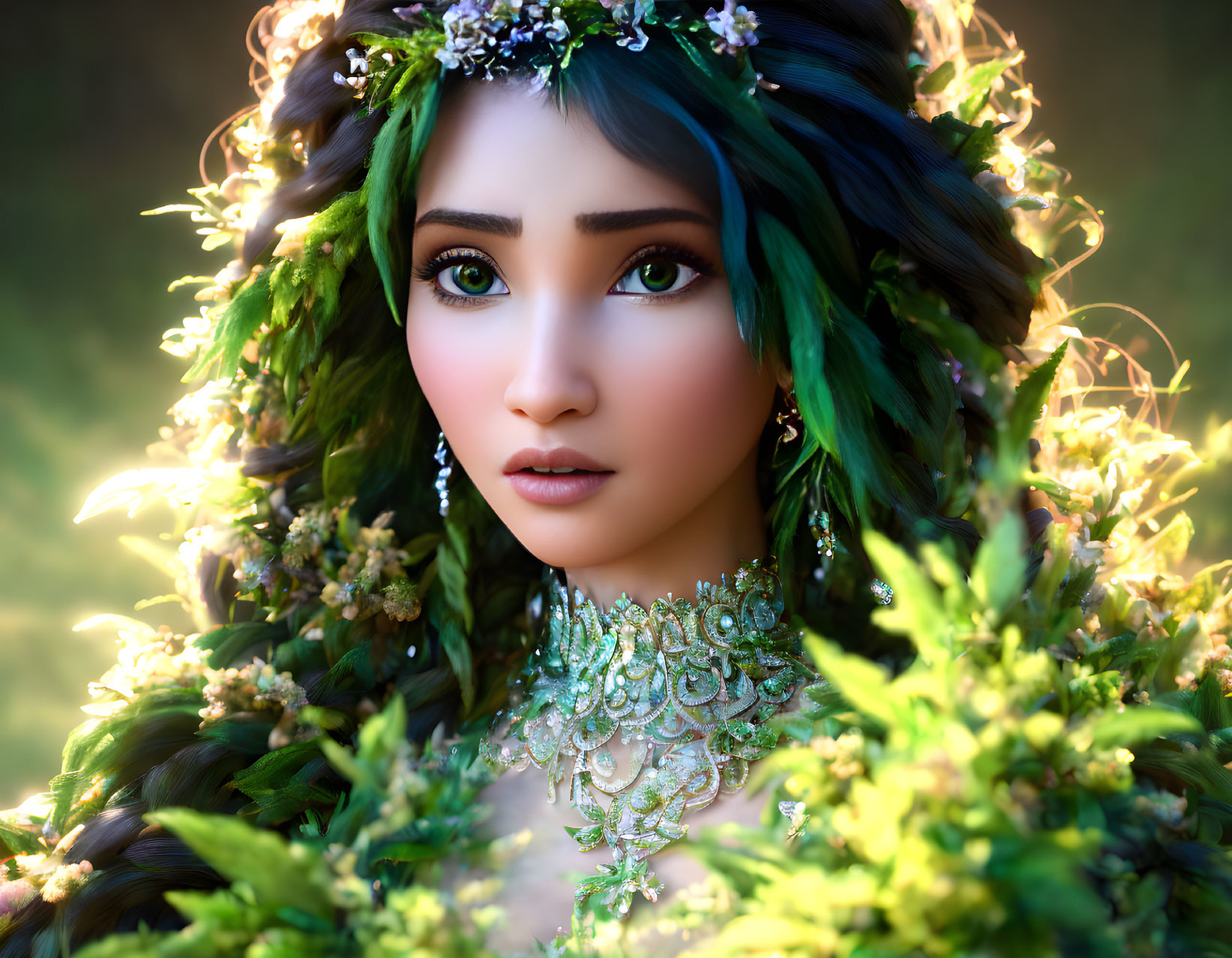 Digital artwork of woman with greenery in hair and ornate necklace.