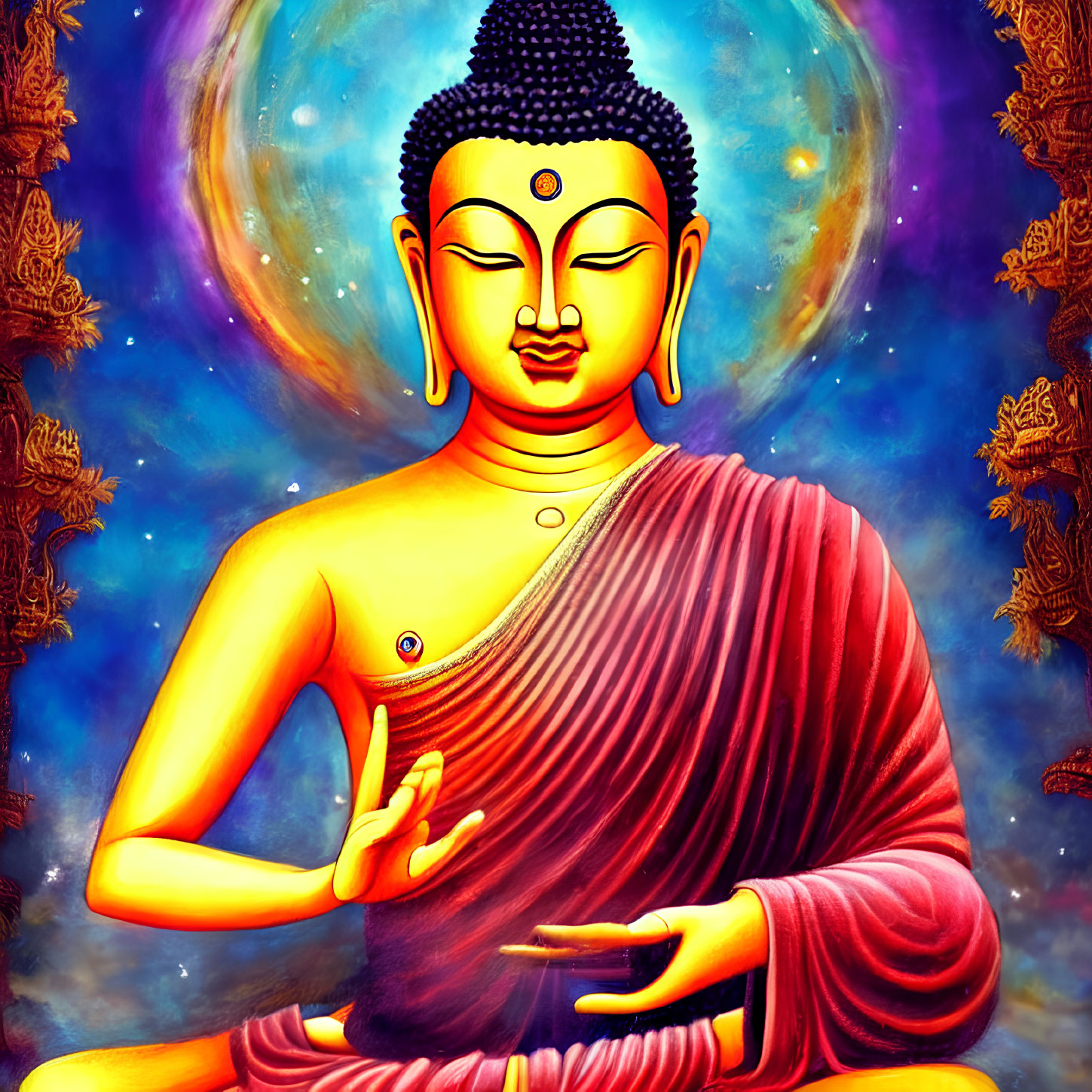 Colorful Buddha Meditation Illustration on Cosmic Blue Background