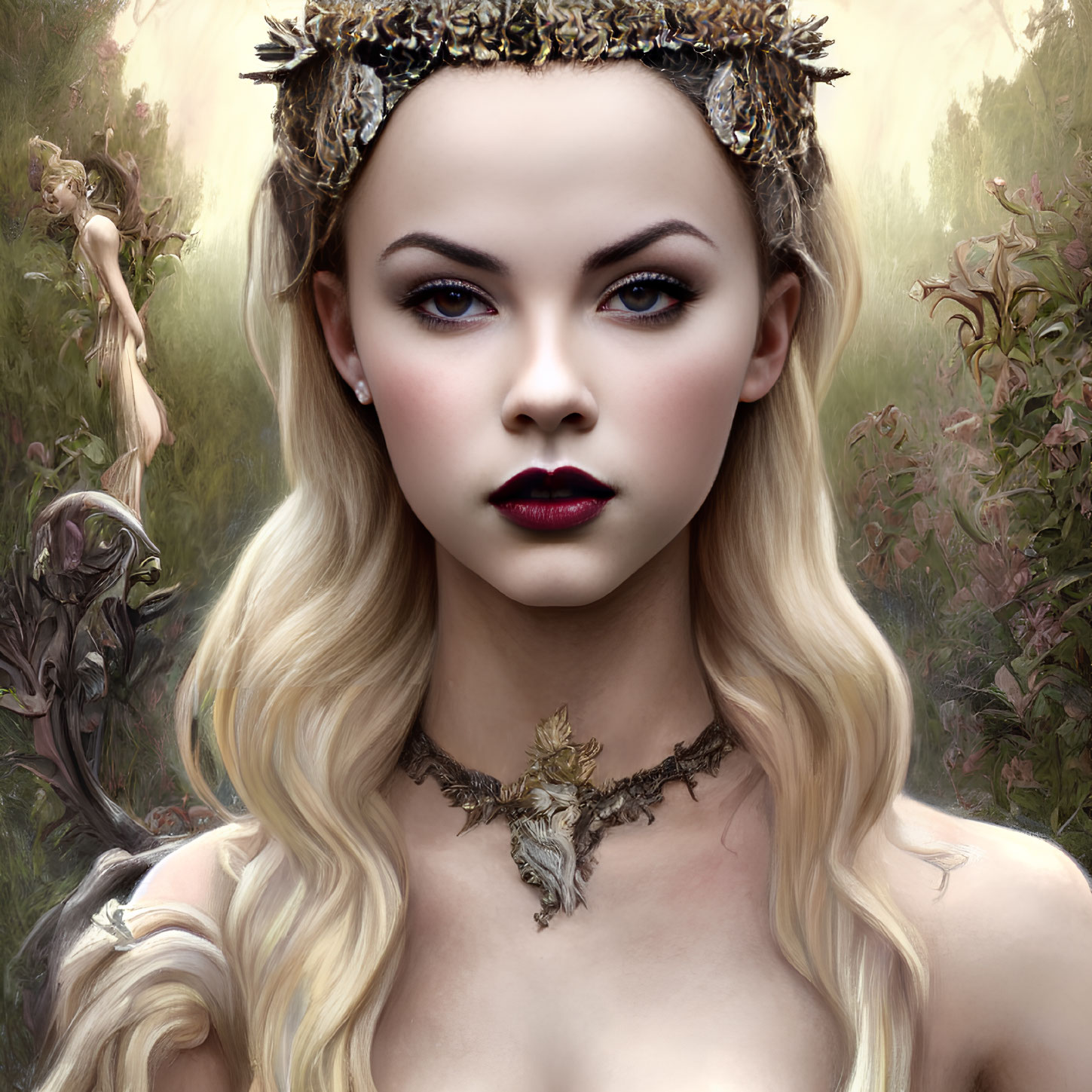 Fantasy character with blue eyes, thorny crown, detailed necklace in mystical forest