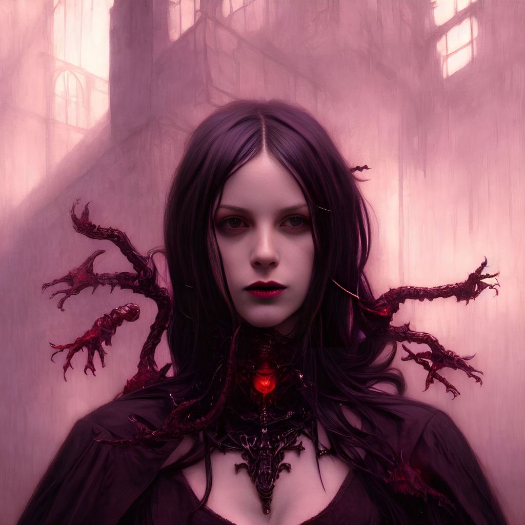 Pale-skinned woman with dark hair in gothic setting with crimson vines and red amulet