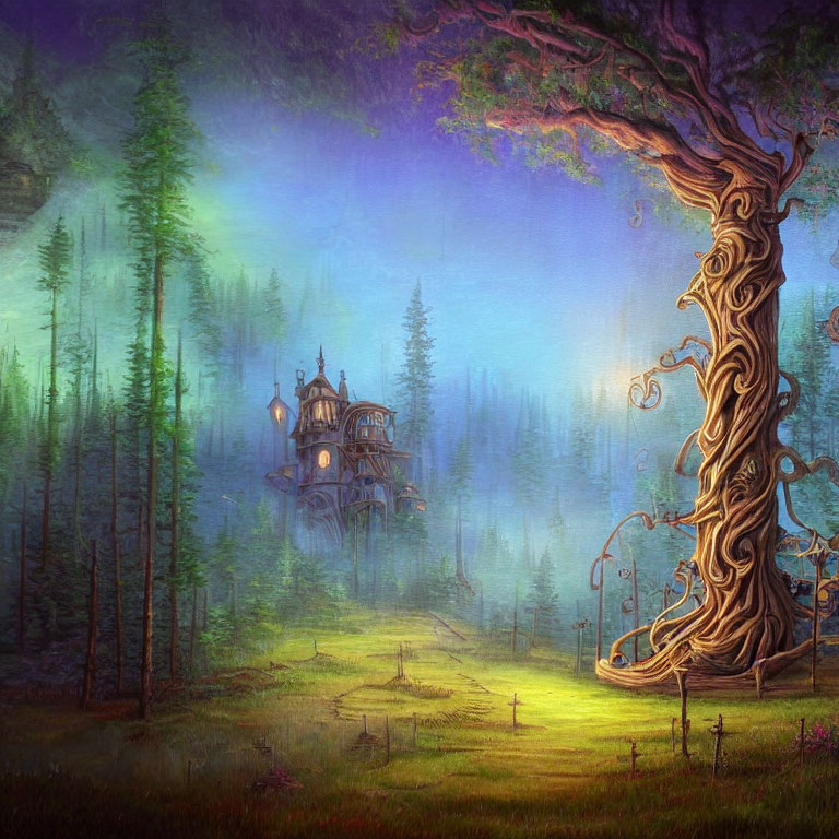 Enchanted forest with mystical tree, foggy surroundings, and ethereal house.