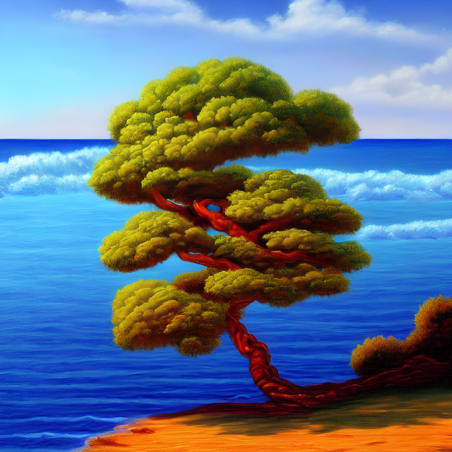 Vibrant digital painting of twisted tree on cliff overlooking calm sea