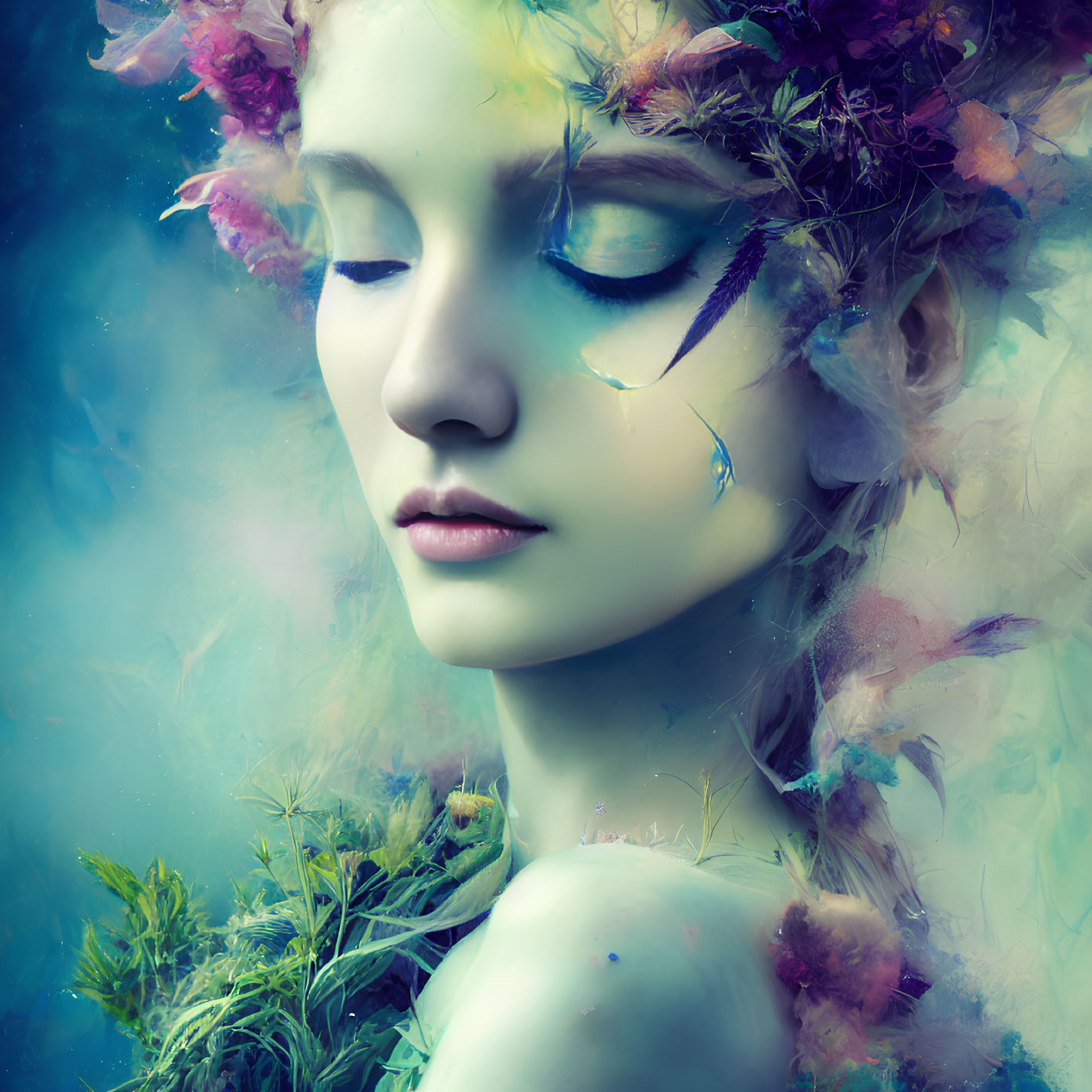 Serene woman with floral makeup in dreamlike fantasy setting