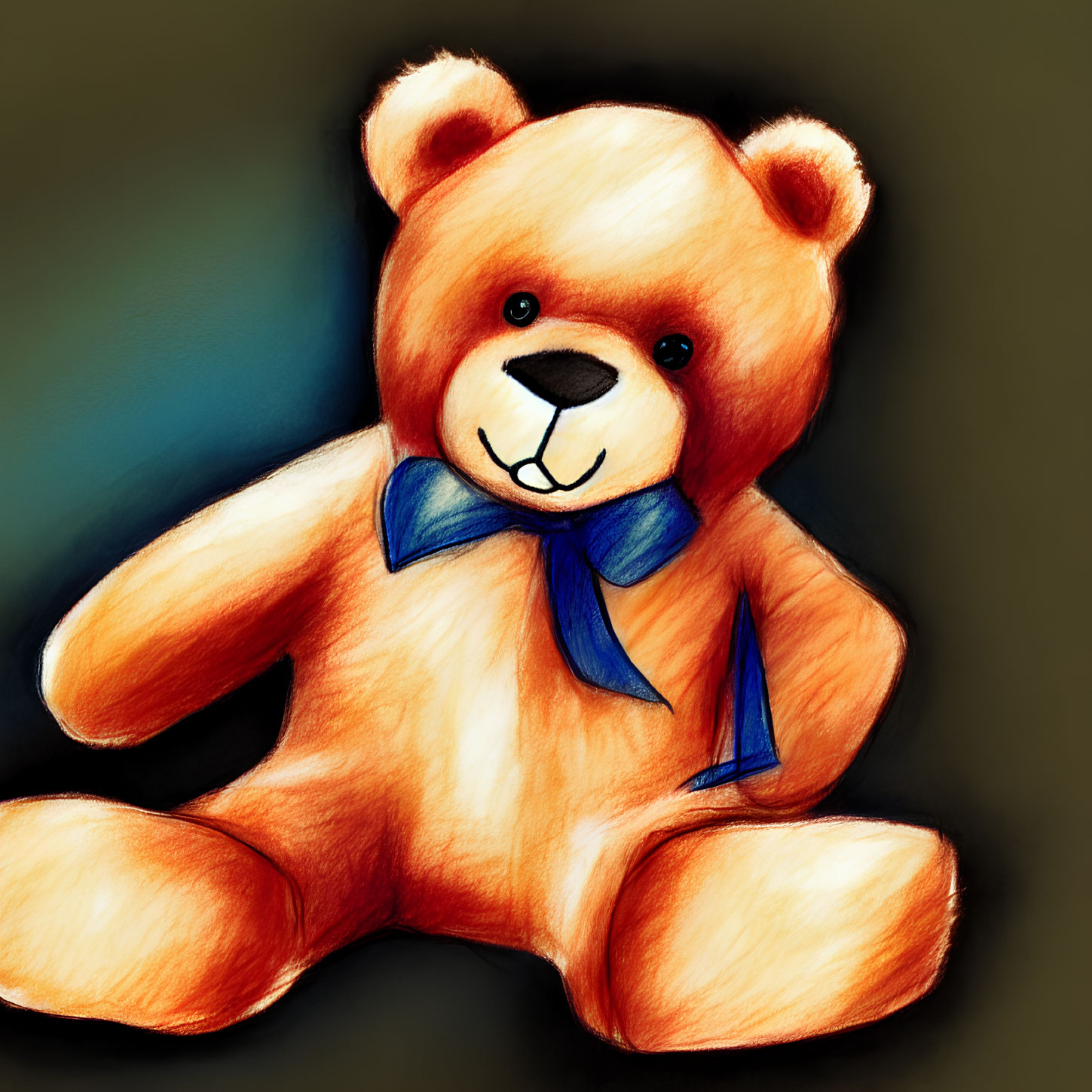 Soft plush teddy bear with blue bow tie on dark background