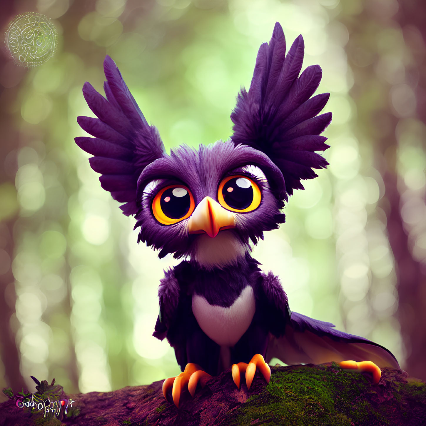 Stylized cute owl illustration on mossy branch with bokeh backdrop