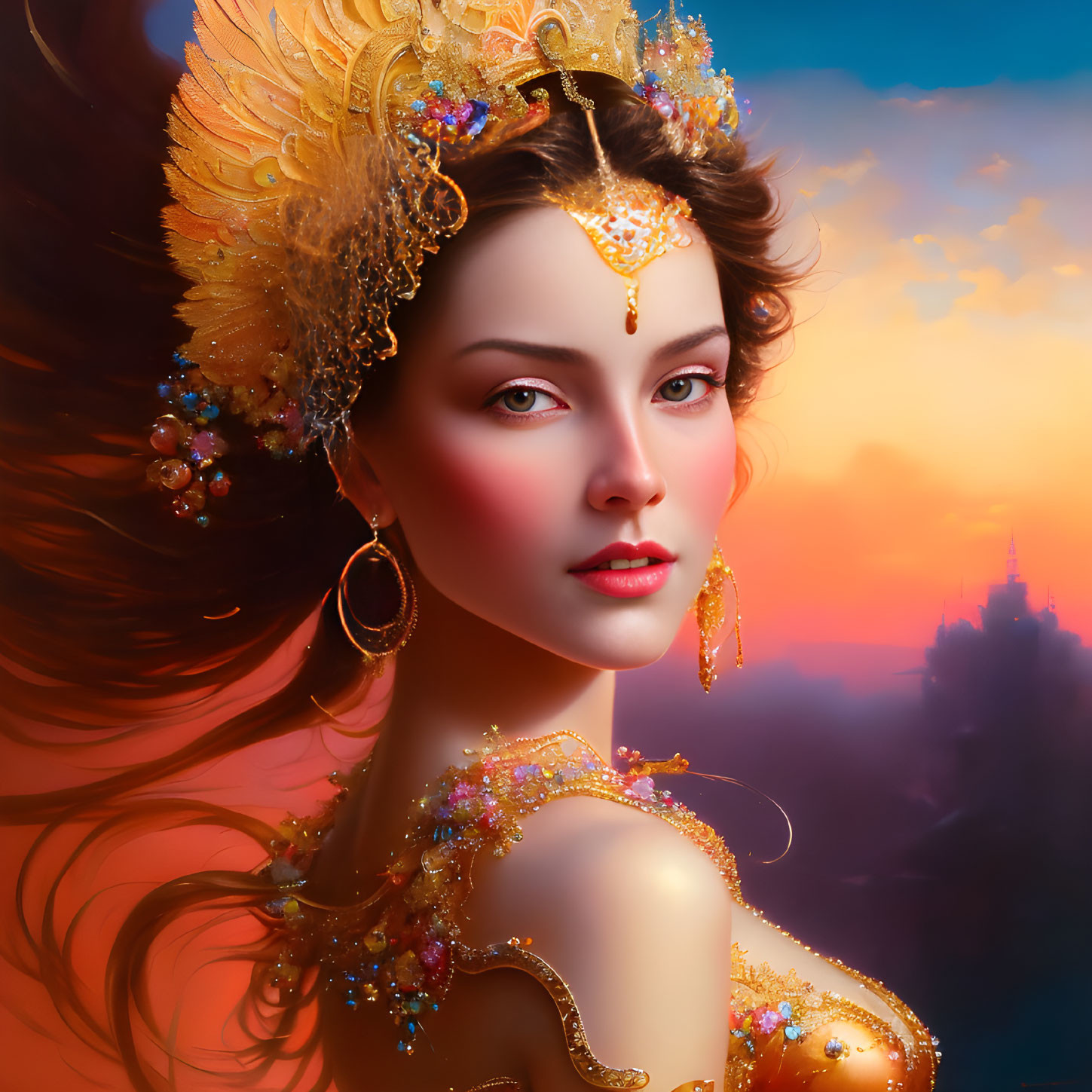 Woman portrait with gold jewelry, sunset backdrop, and gemstone hair adornments