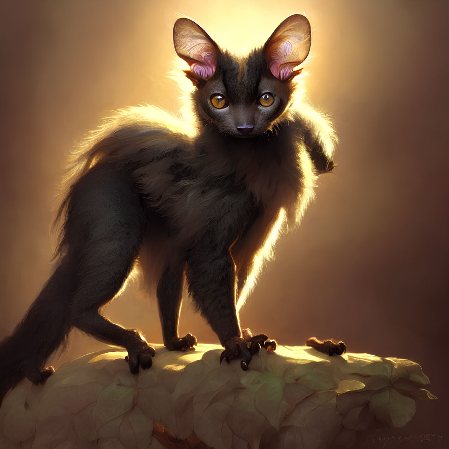 Majestic fantasy feline creature with large ears and piercing eyes in golden light