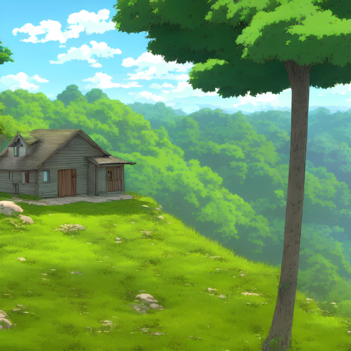 Tranquil landscape with wooden cabin, green forest, and blue sky