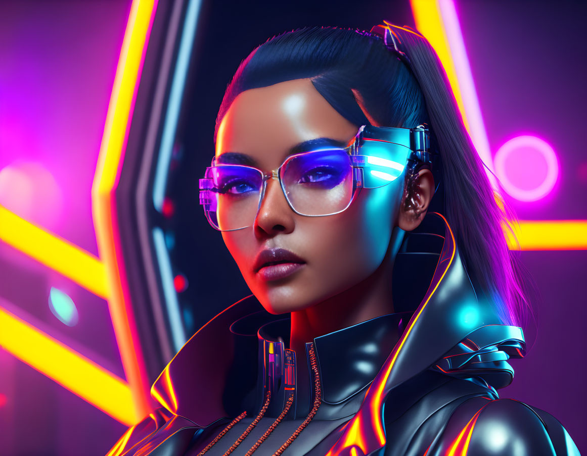 Futuristic female character with reflective sunglasses in neon-lit setting