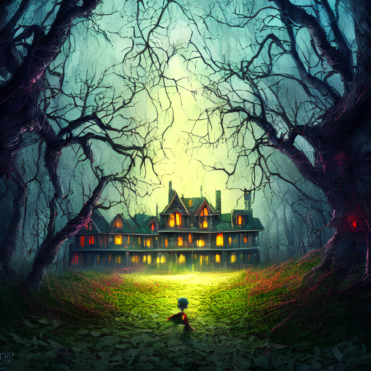 Spooky night scene: child near eerie, glowing house