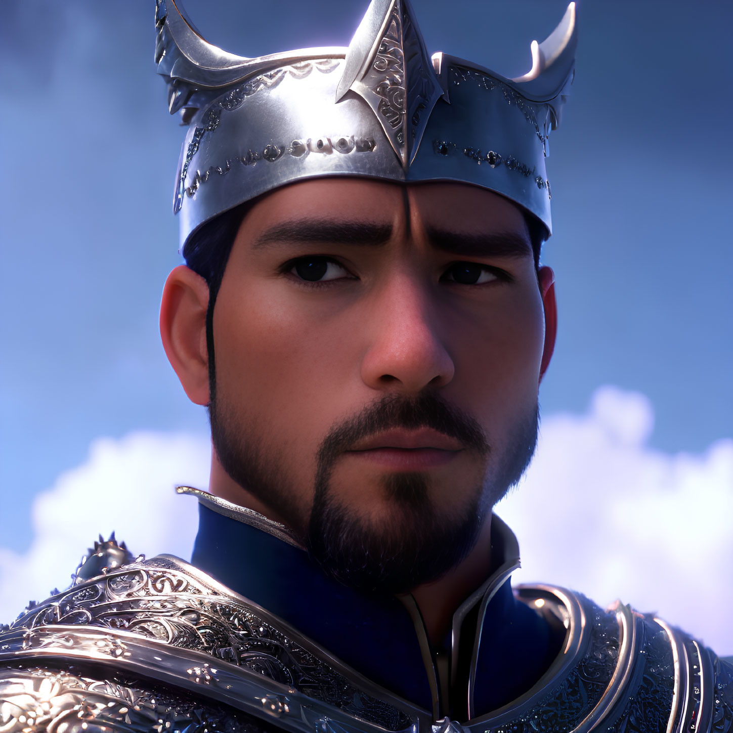 Detailed 3D animated male character with silver crown and armor against cloudy sky