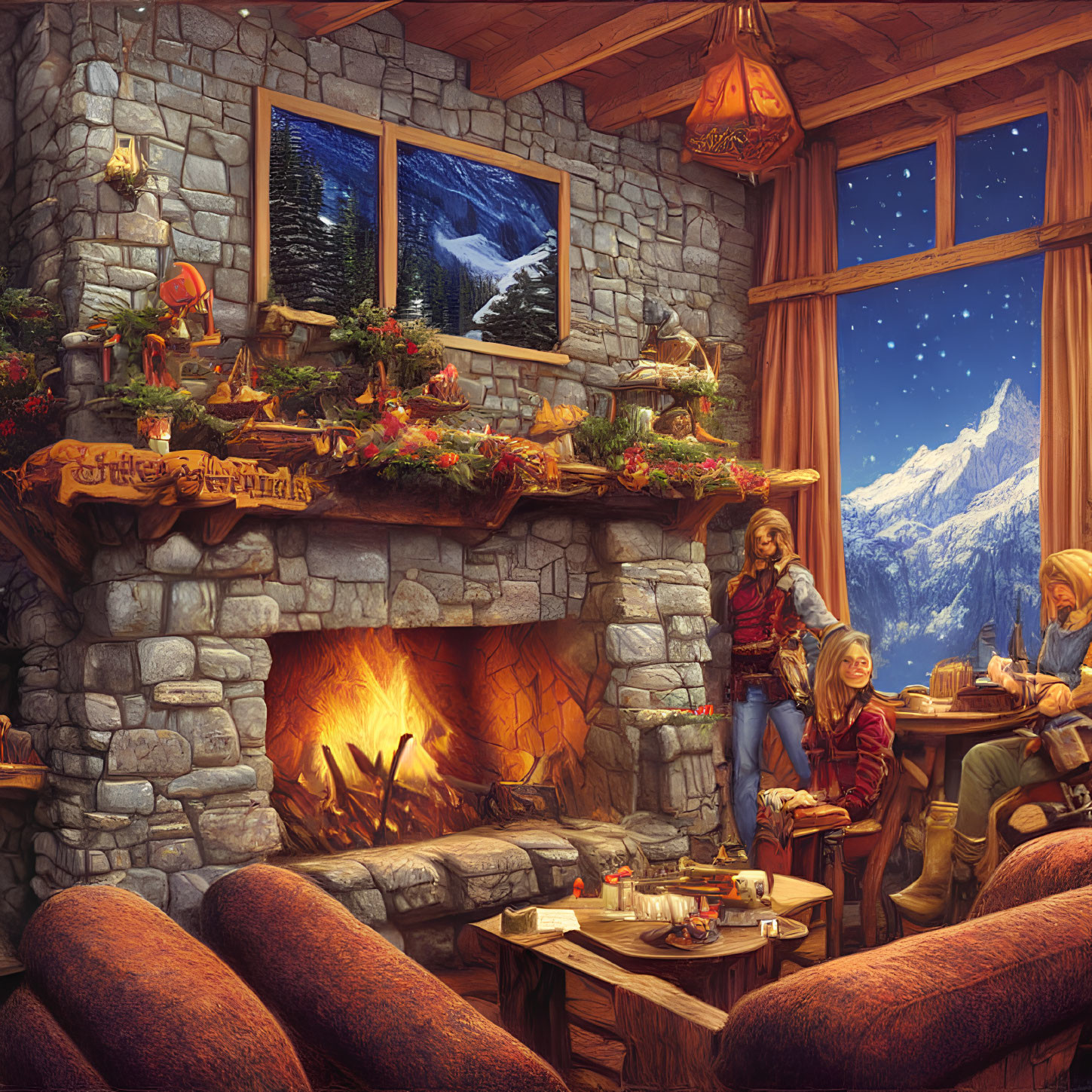 Mountain cabin interior with stone fireplace, people enjoying warm drinks, and snowy night view.