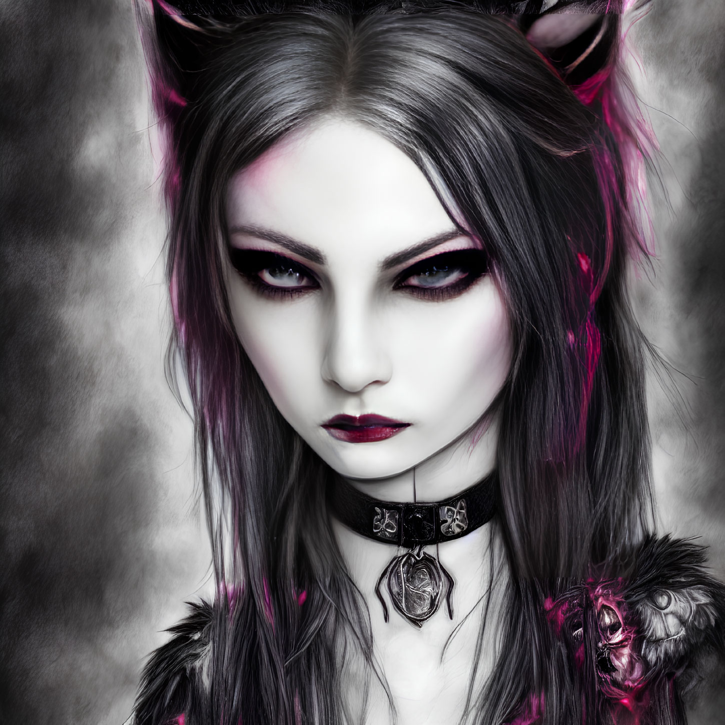 Pale woman with purple eyes, dark makeup, cat-like ears, choker, gothic fantasy aesthetic