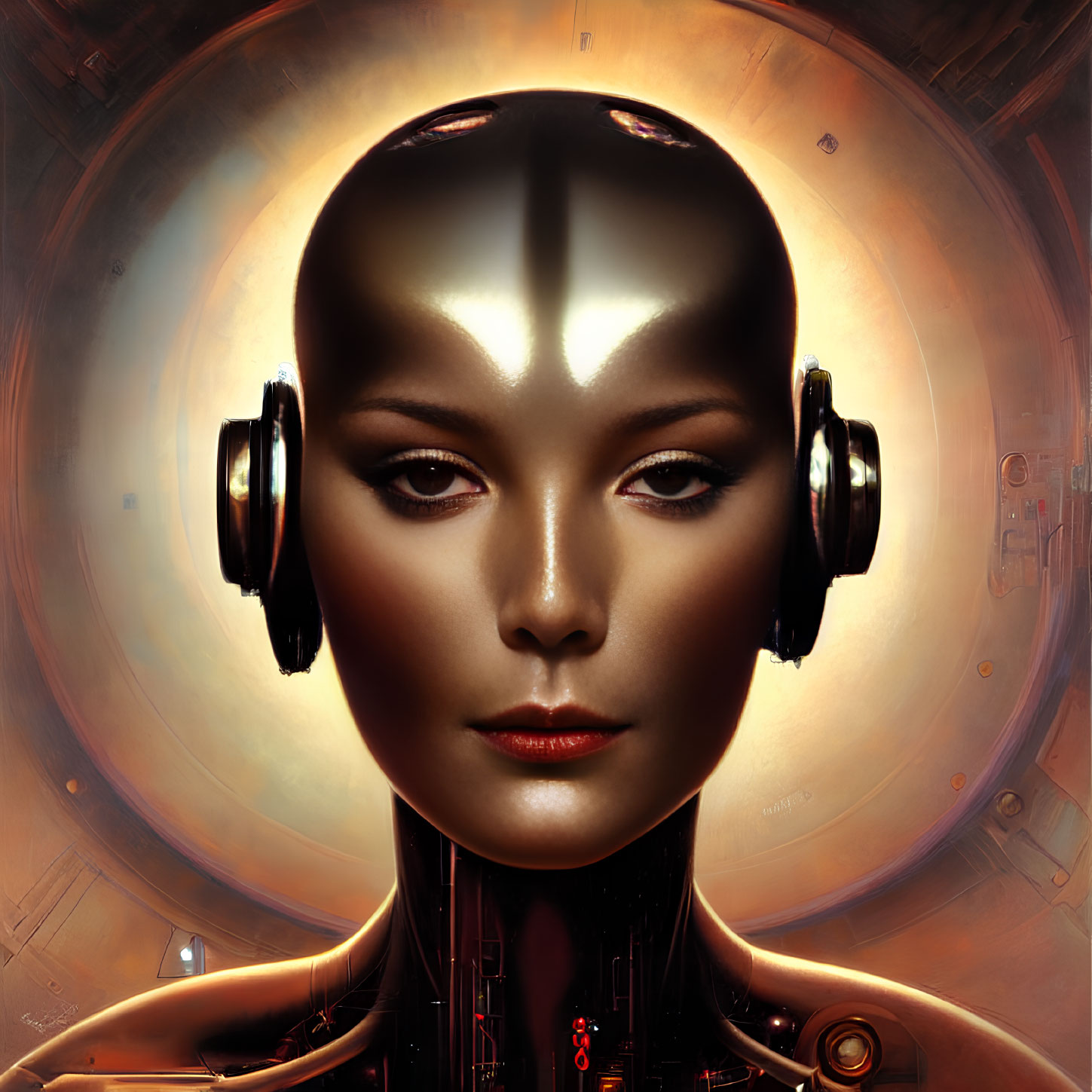 Detailed humanoid robot with metallic skin and sci-fi headgear on circular backdrop