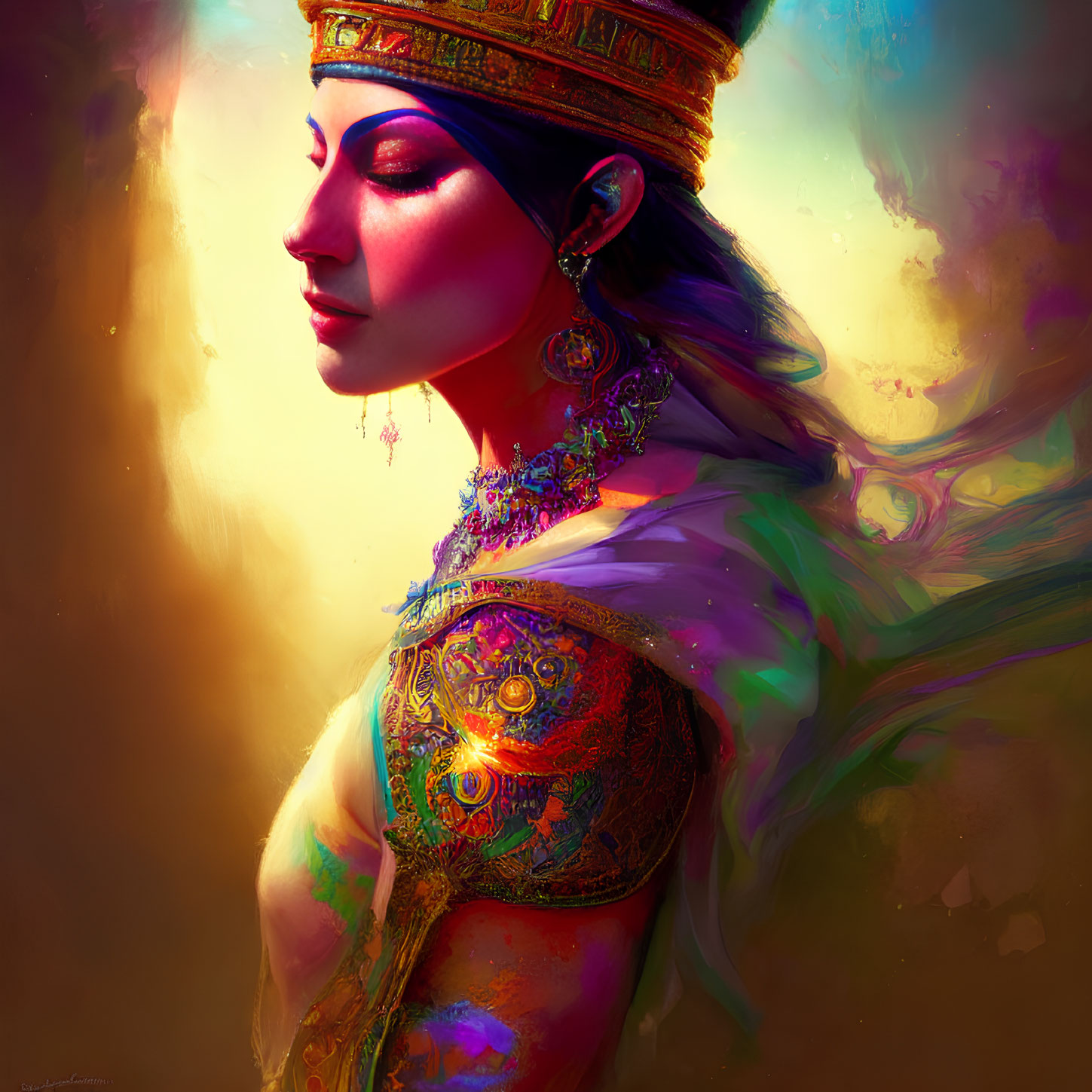 Regal woman with golden crown and colorful background