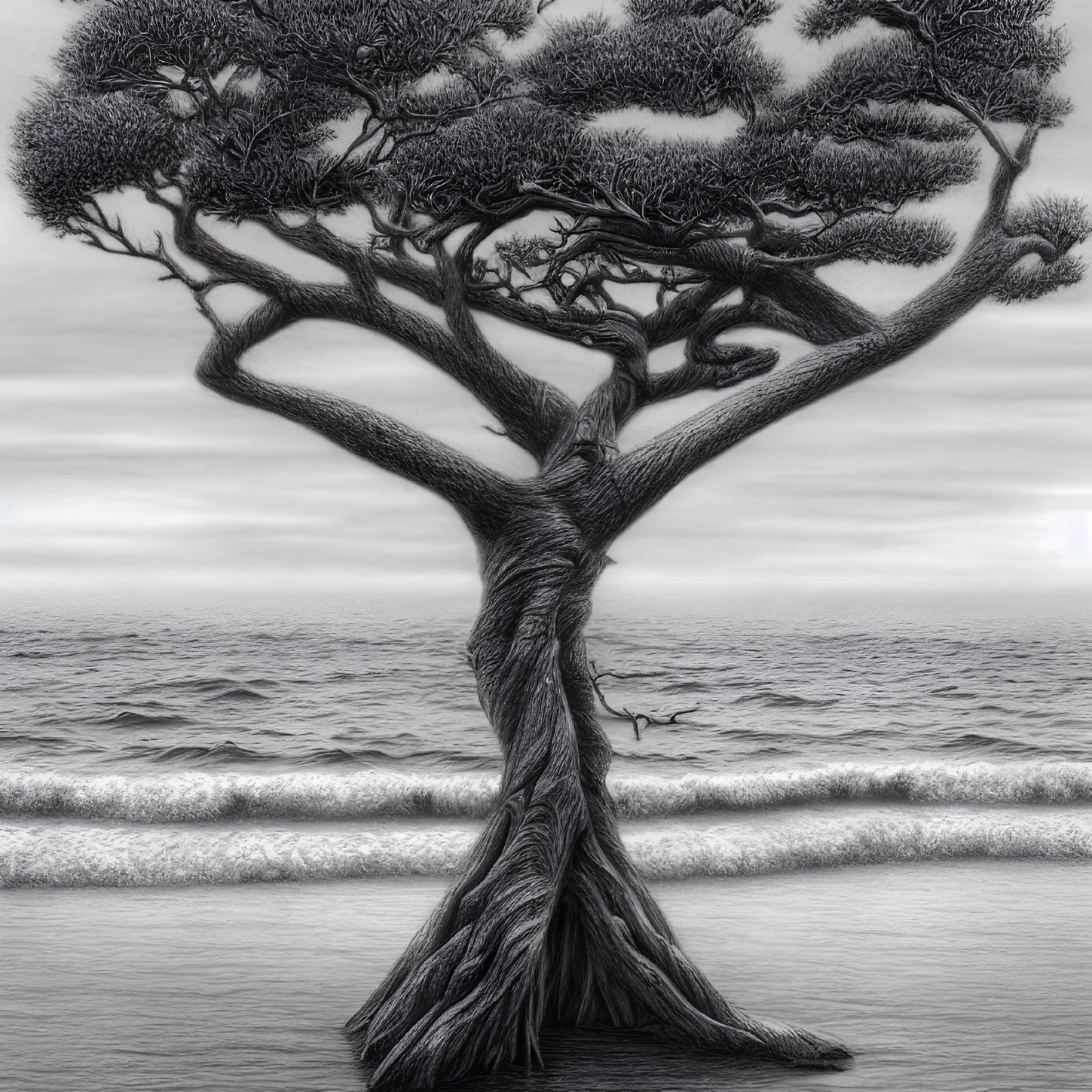 Solitary tree with intricate branches against calm sea and overcast sky