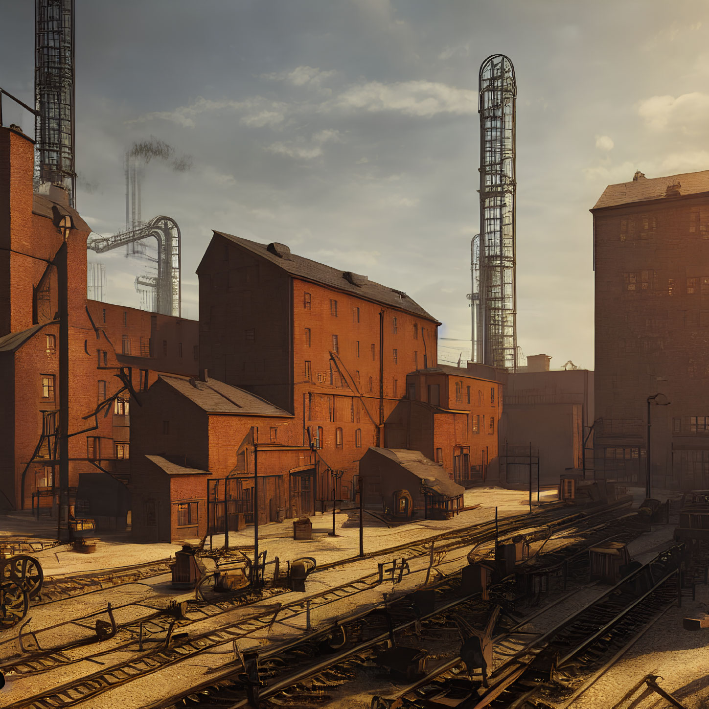 Urban industrial railway yard with tracks and warehouses at golden hour