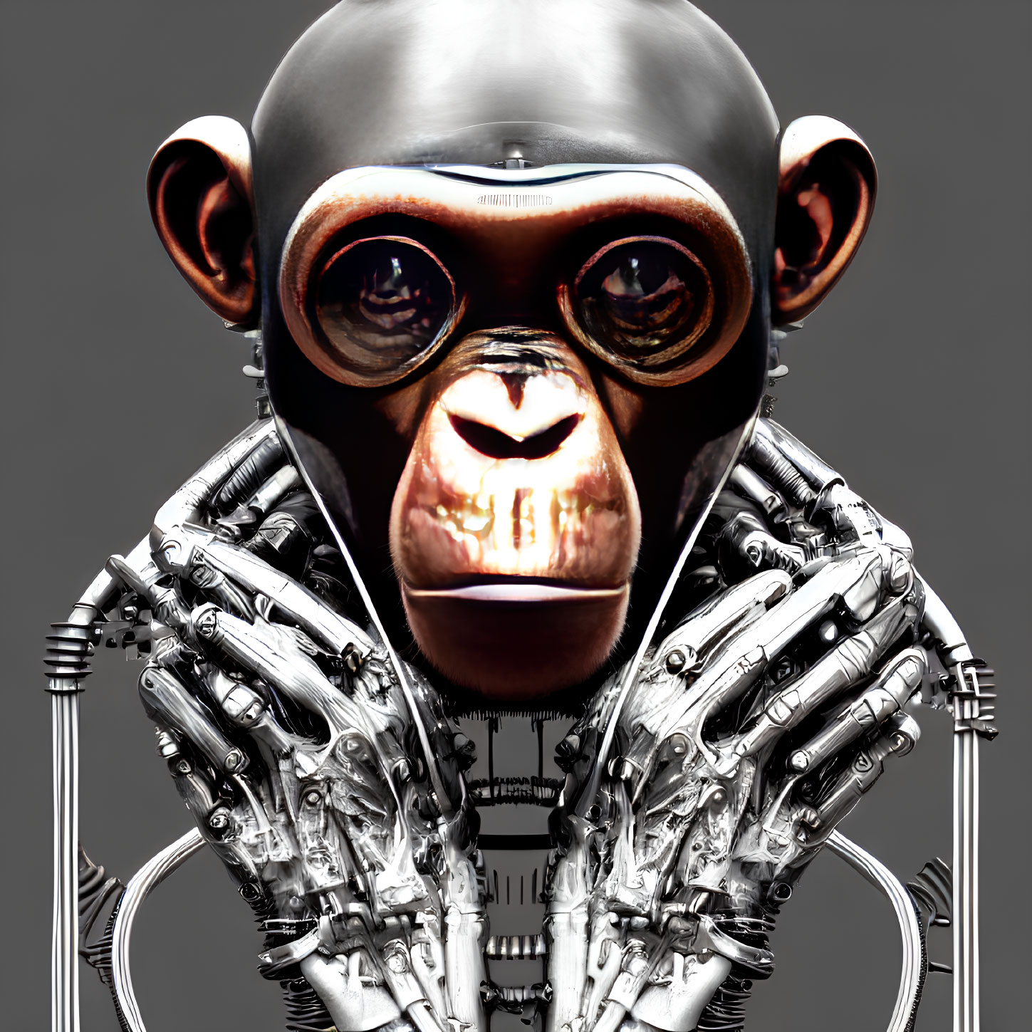 Digital artwork: Chimpanzee with cybernetic body and mechanical limbs on grey background