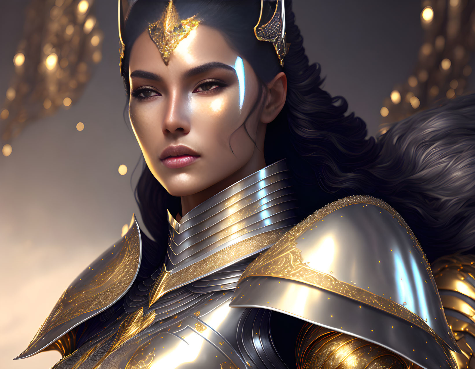 Golden-armored warrior woman portrait with fur detail and facial jewelry on sparkling background.