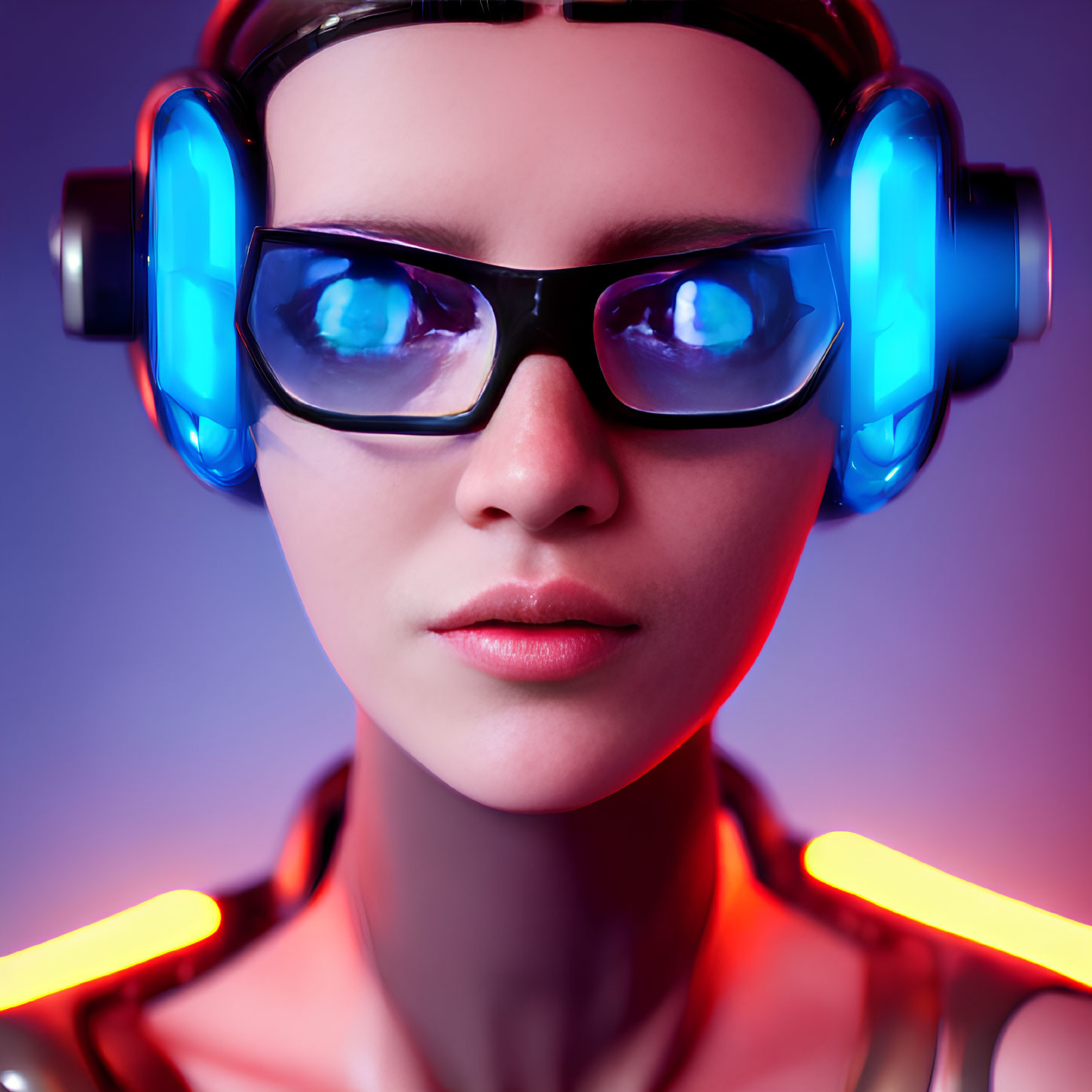 Futuristic person in glowing blue glasses and neon headphones on purple background