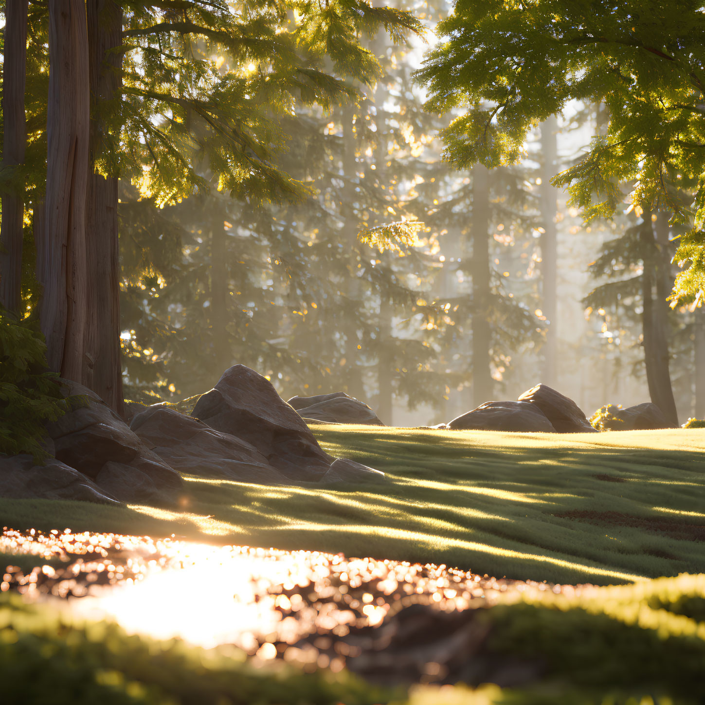 Forest landscape with sunlight filtering through tall trees