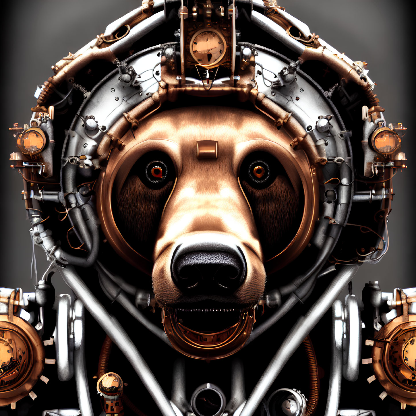 Steampunk Style Dog Head Artwork with Mechanical Gears on Gray Background