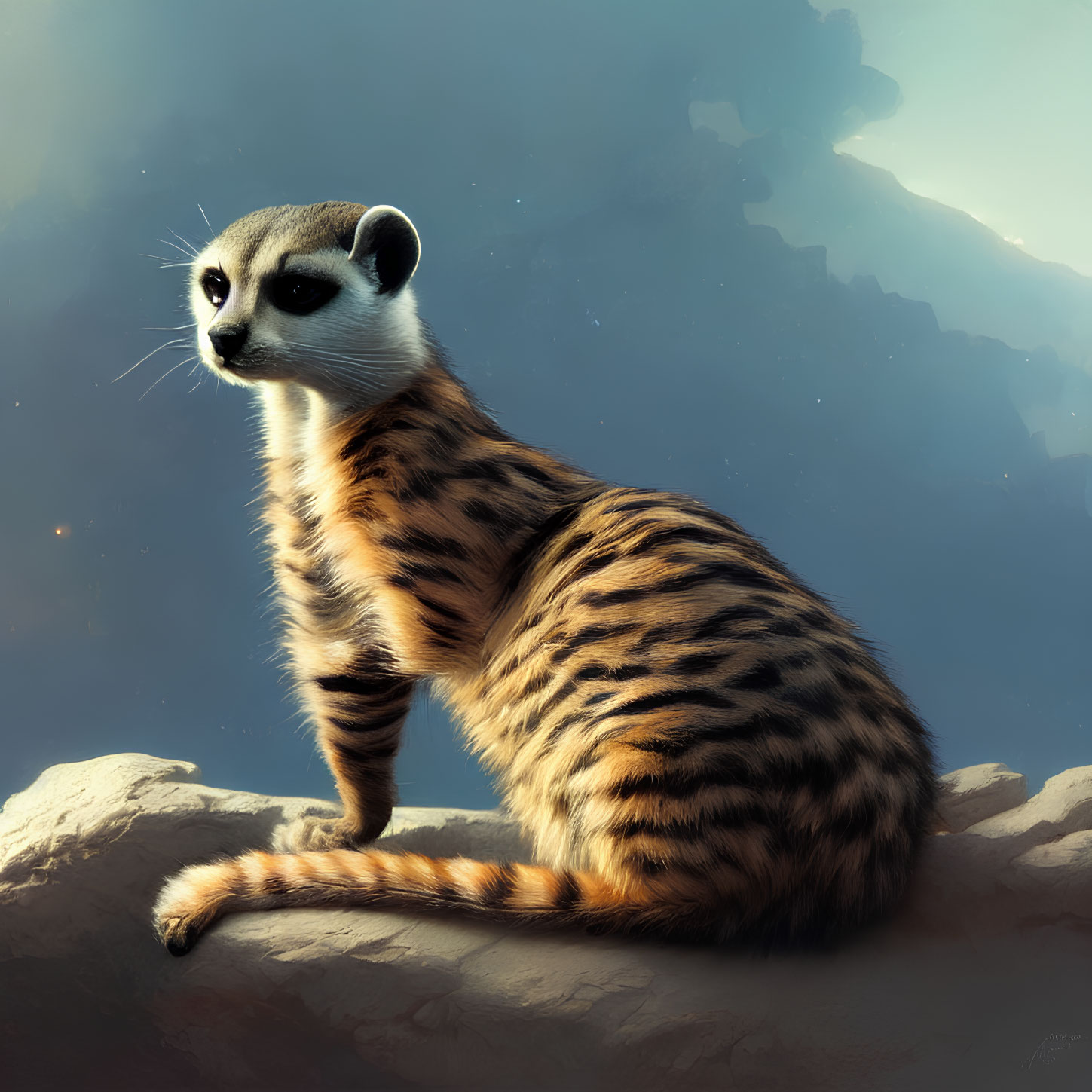 Meerkat sitting on rocky surface in warm habitat