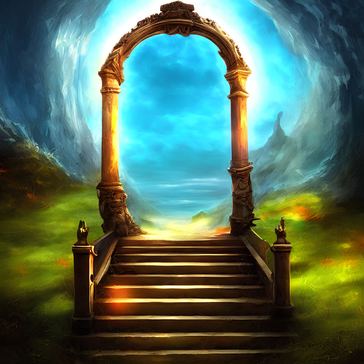 Stone archway atop staircase leading to luminous portal against swirling sky