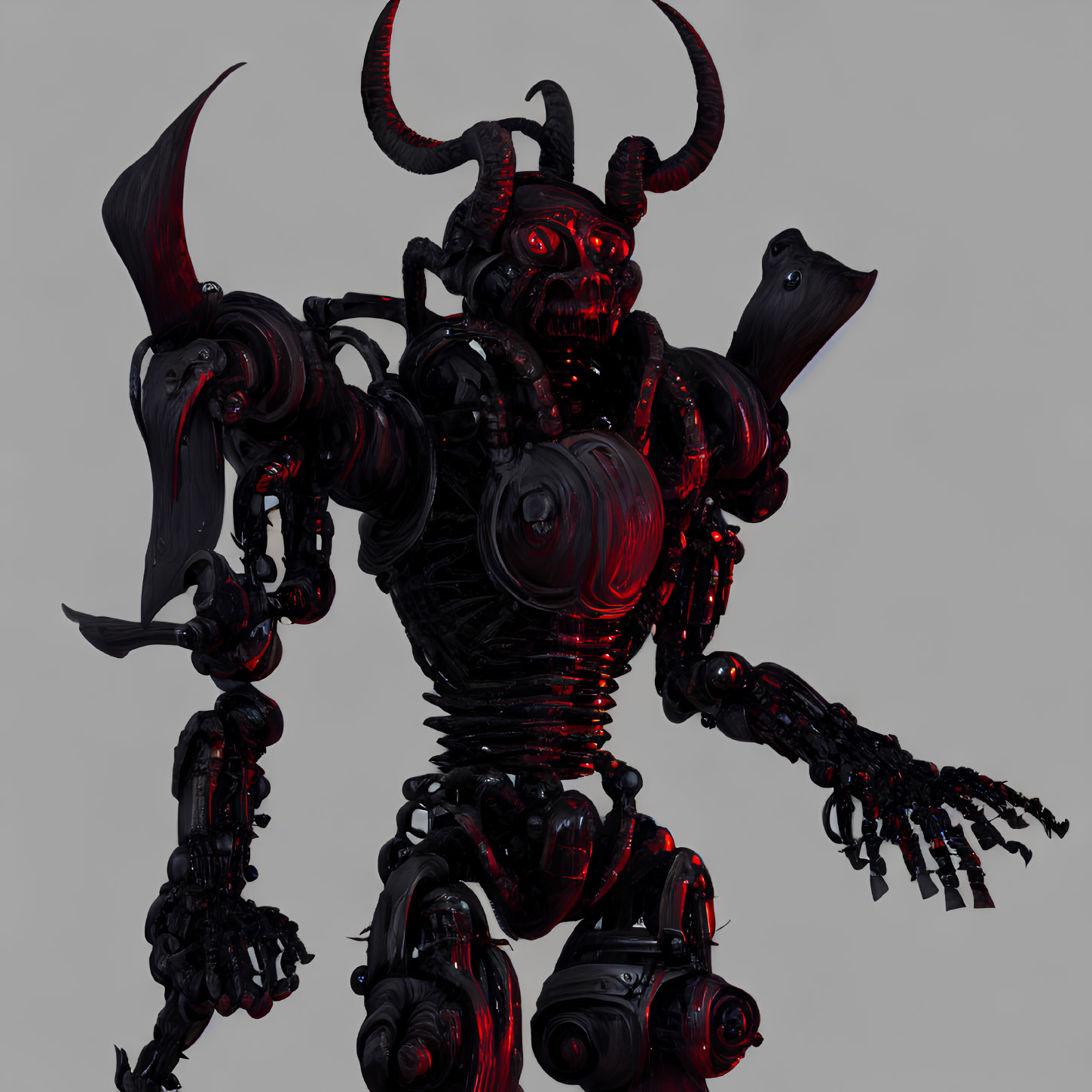 Horned robotic creature with red eyes and intricate armor