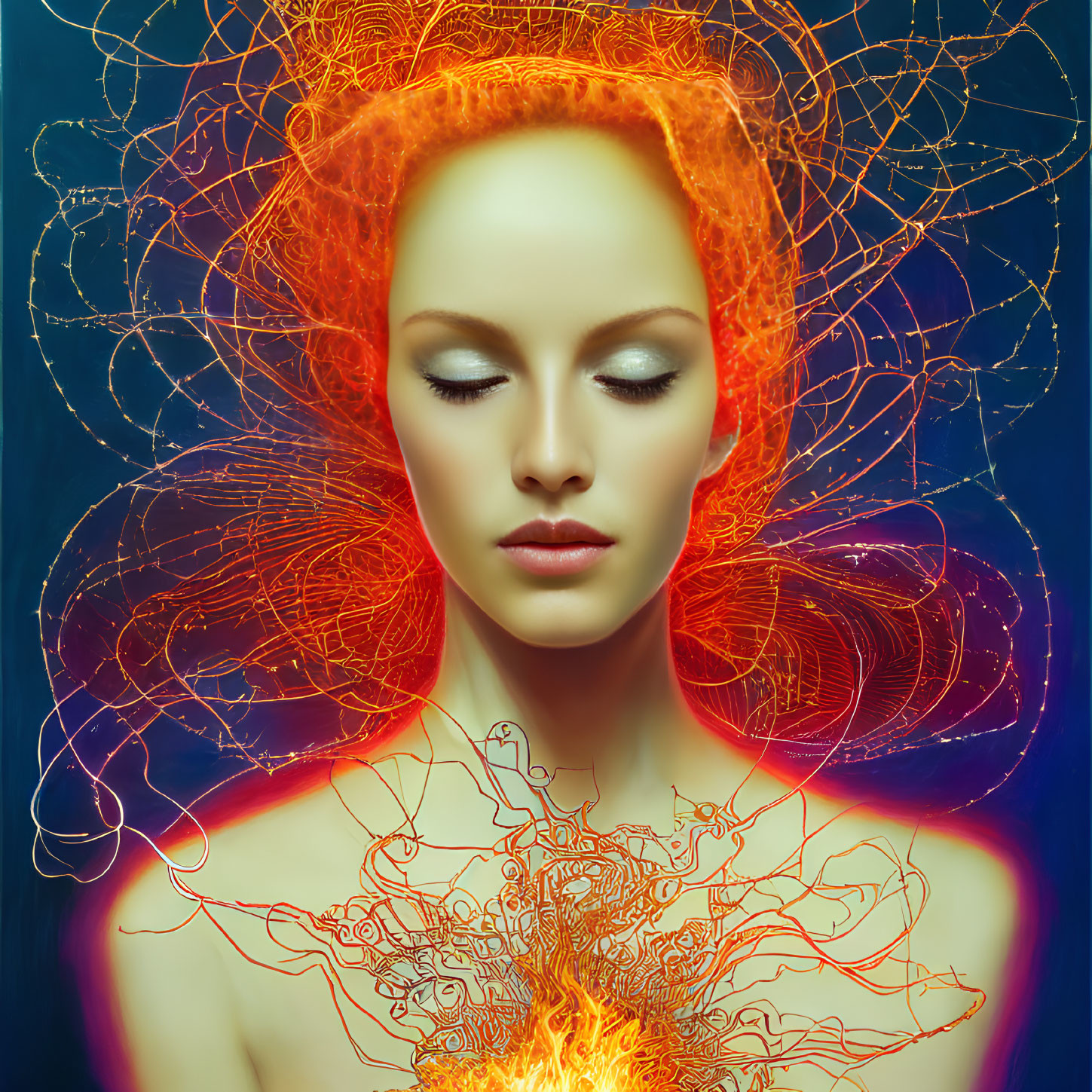 Surreal portrait of woman with glowing orange neural network patterns on blue background