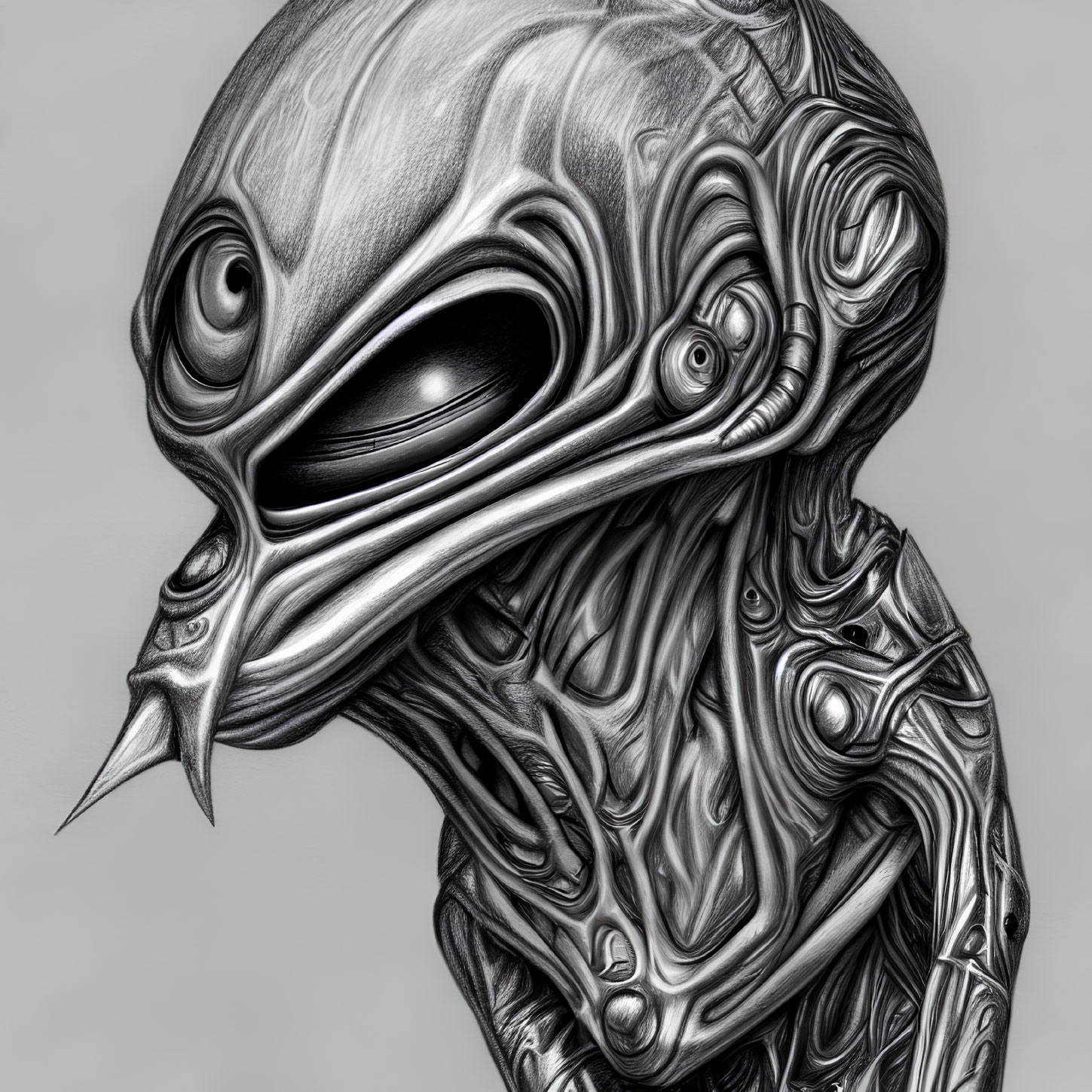 Detailed Monochrome Alien Illustration with Biomechanical Features