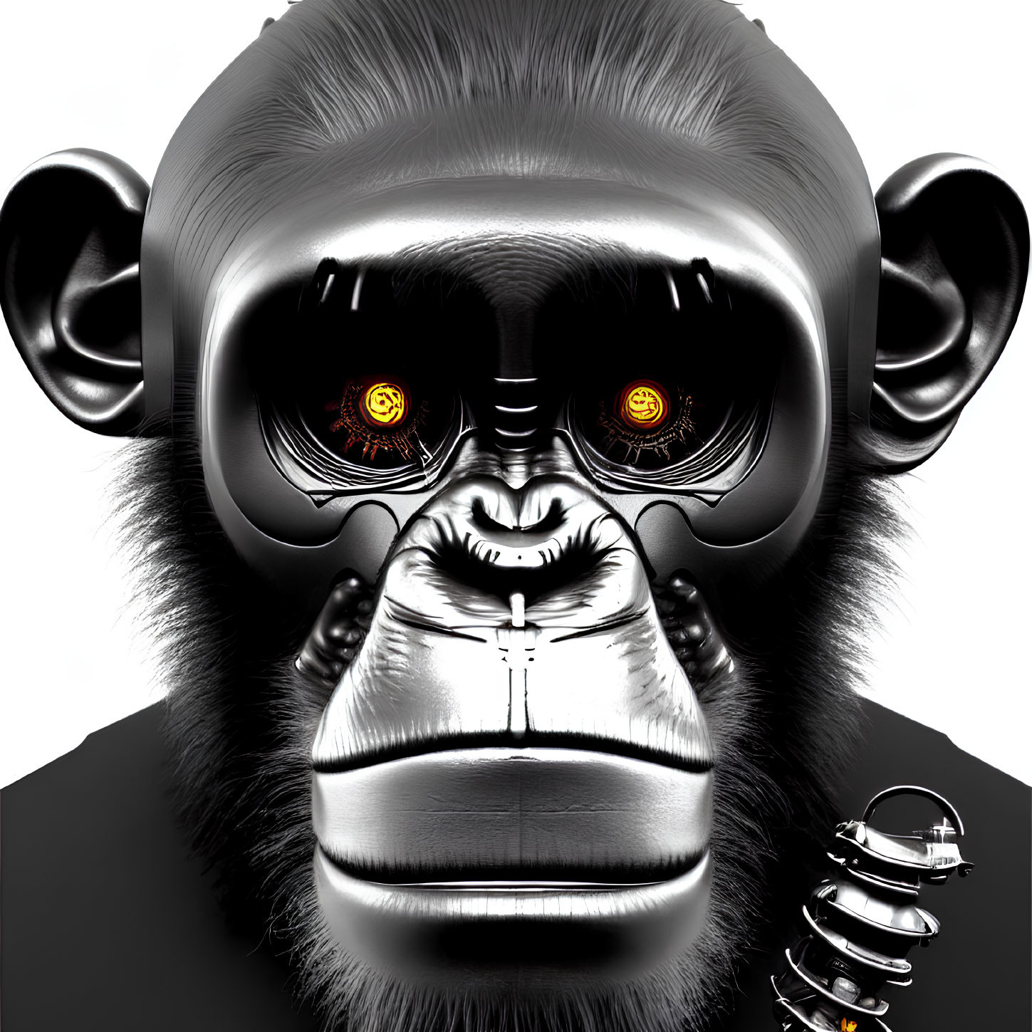 Detailed monochrome gorilla illustration with glowing red eyes and cybernetic enhancements